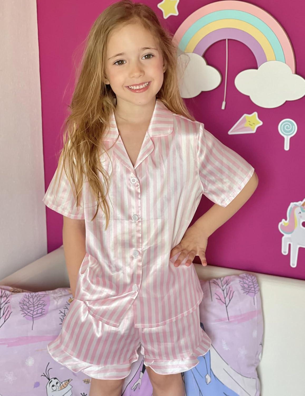 imageArshiner Girls Pajamas Silk Satin Pajama Set 2 Piece Button Down Pjs Ruffle SleepwearPink Stripes