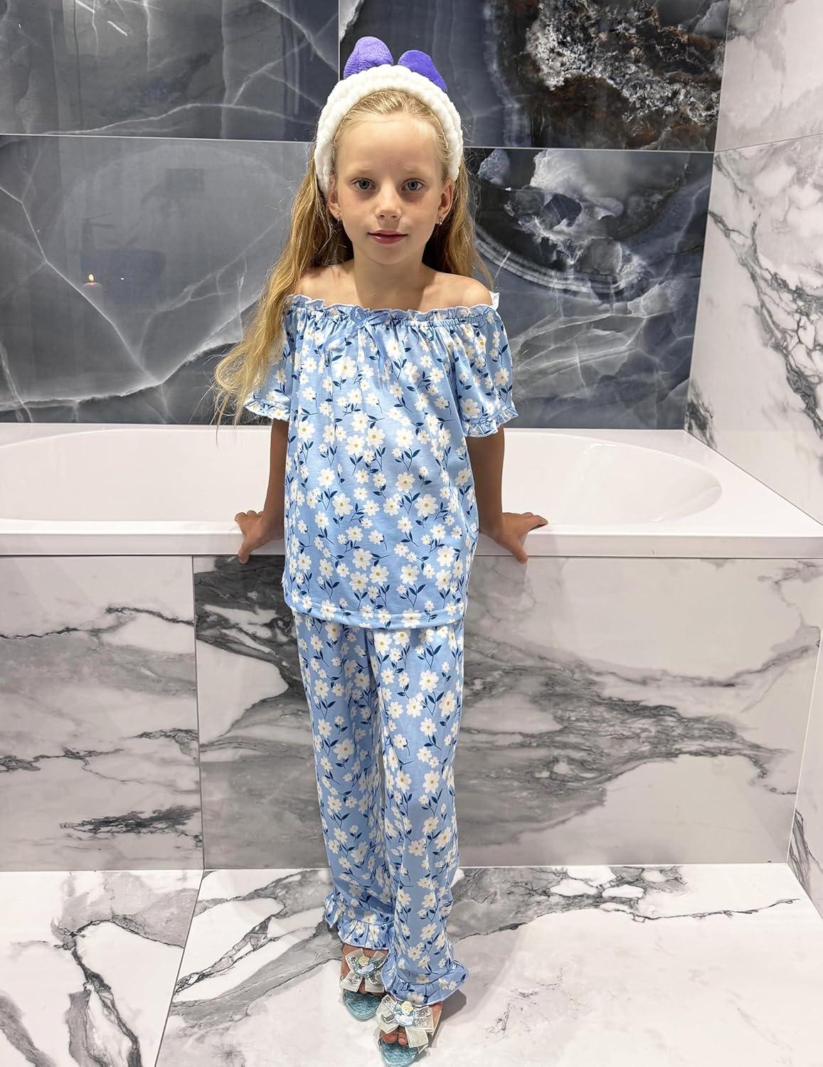 imageArshiner Girls Pajamas Soft 2 Piece Pjs Sets Ruffle Short Sleeve Long Pants SleepwearBlue Flowers