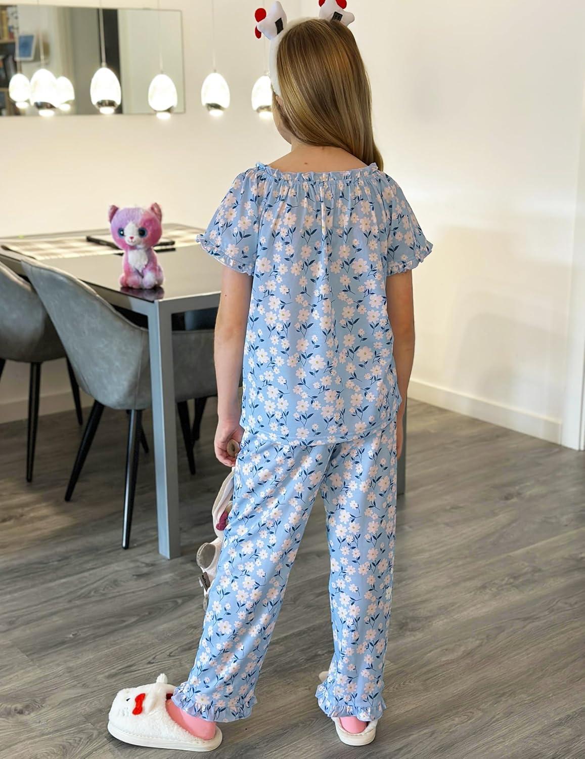 imageArshiner Girls Pajamas Soft 2 Piece Pjs Sets Ruffle Short Sleeve Long Pants SleepwearBlue Flowers