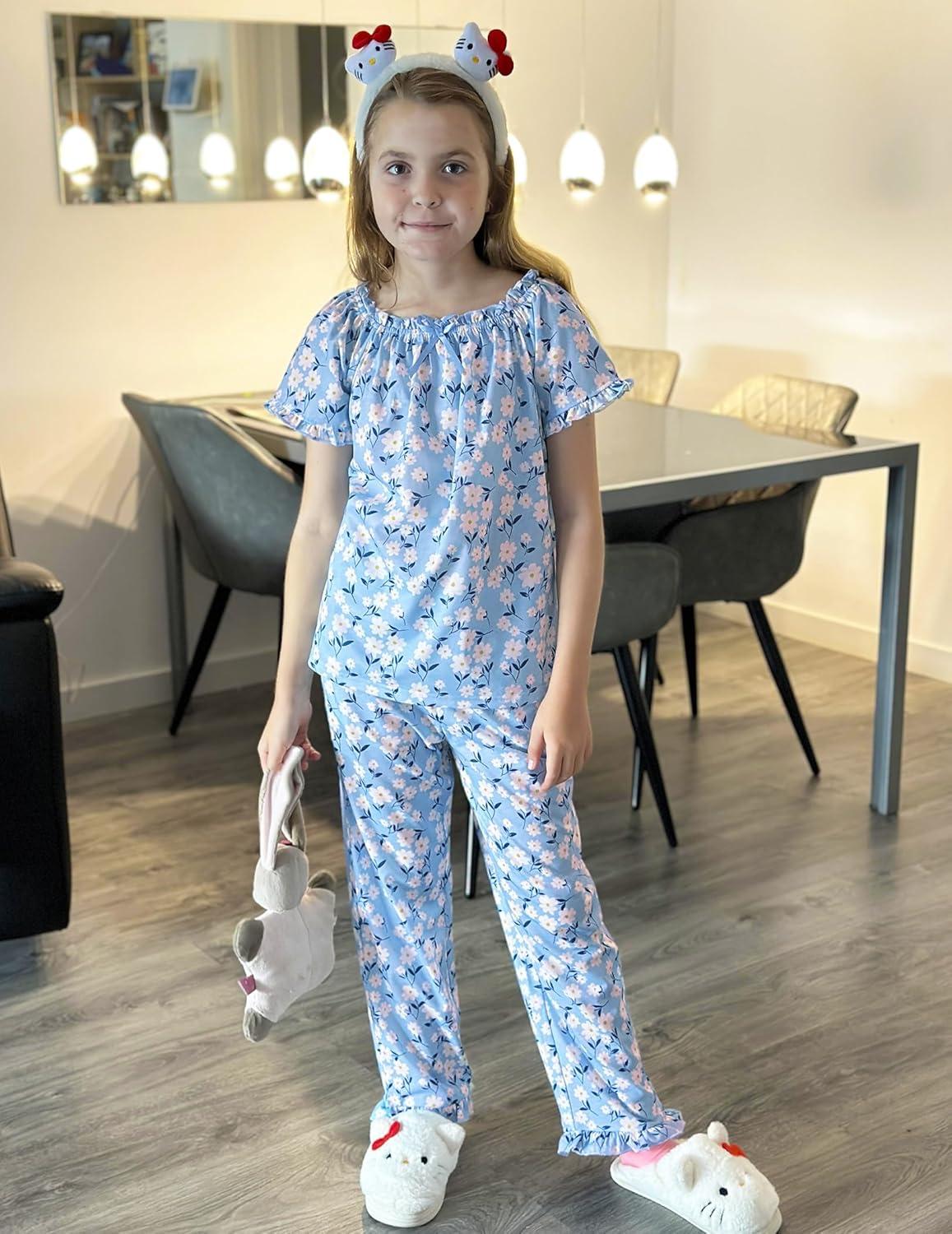 imageArshiner Girls Pajamas Soft 2 Piece Pjs Sets Ruffle Short Sleeve Long Pants SleepwearBlue Flowers