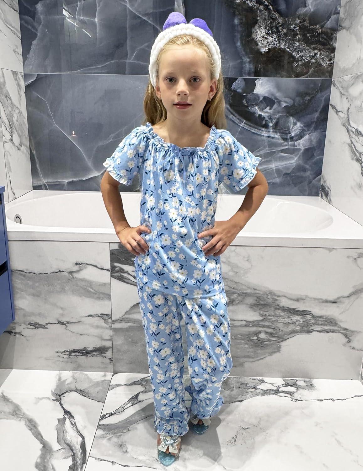 imageArshiner Girls Pajamas Soft 2 Piece Pjs Sets Ruffle Short Sleeve Long Pants SleepwearBlue Flowers