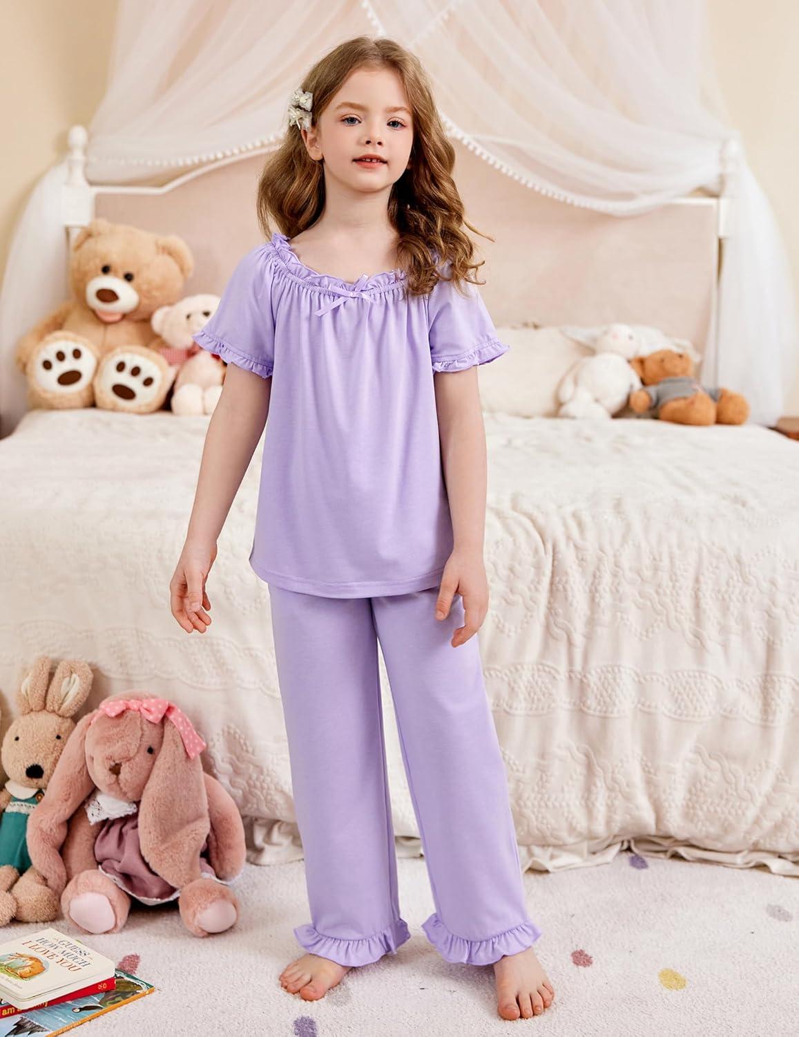 imageArshiner Girls Pajamas Soft 2 Piece Pjs Sets Ruffle Short Sleeve Long Pants SleepwearLight Purple