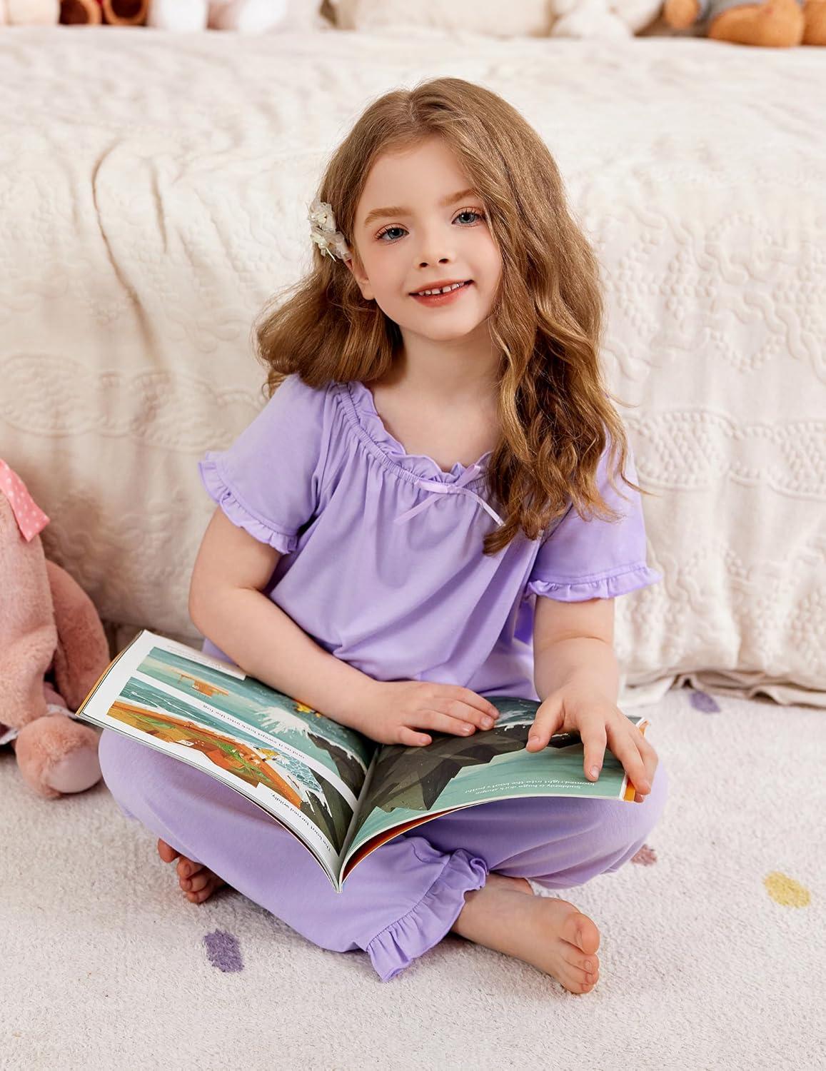 imageArshiner Girls Pajamas Soft 2 Piece Pjs Sets Ruffle Short Sleeve Long Pants SleepwearLight Purple