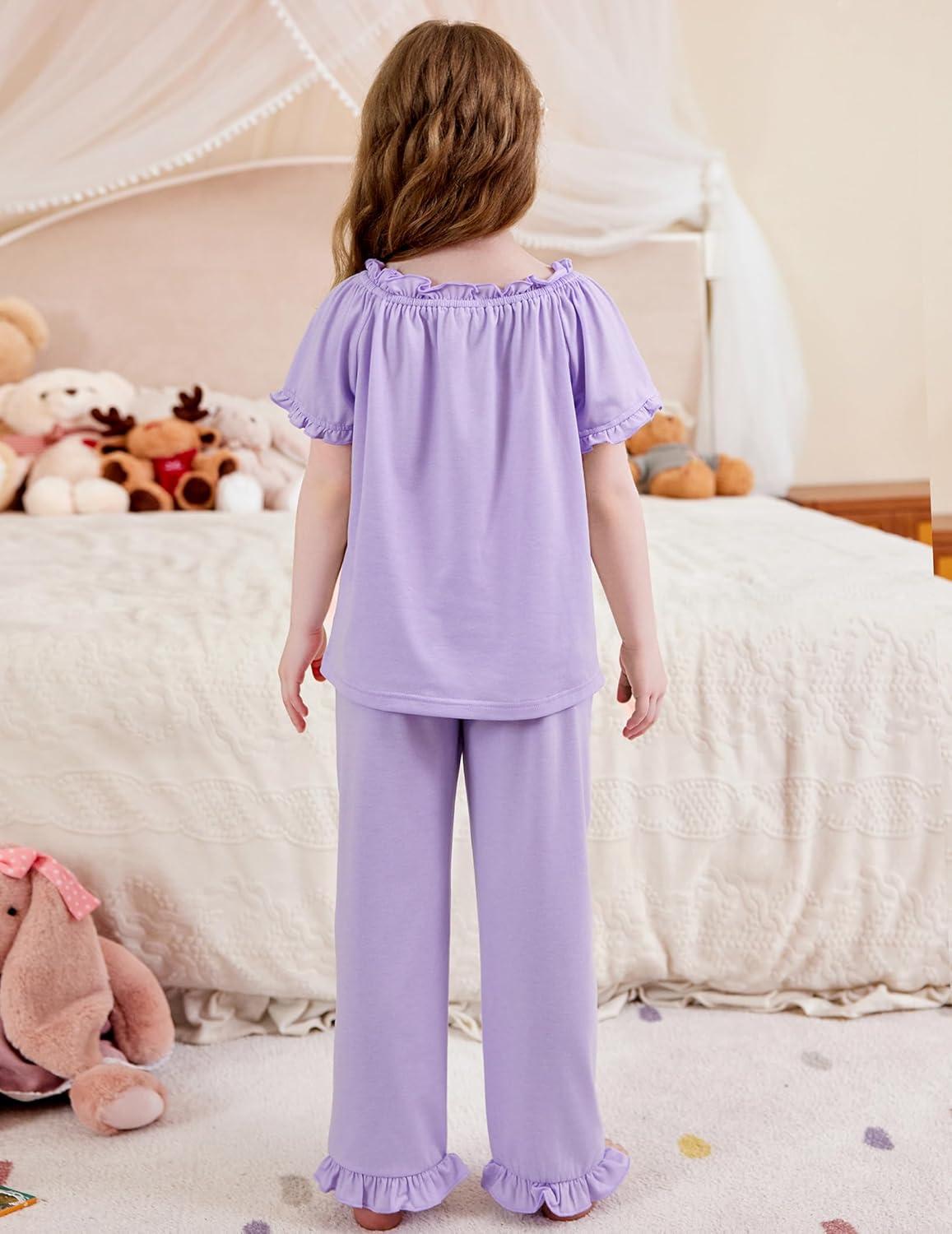 imageArshiner Girls Pajamas Soft 2 Piece Pjs Sets Ruffle Short Sleeve Long Pants SleepwearLight Purple