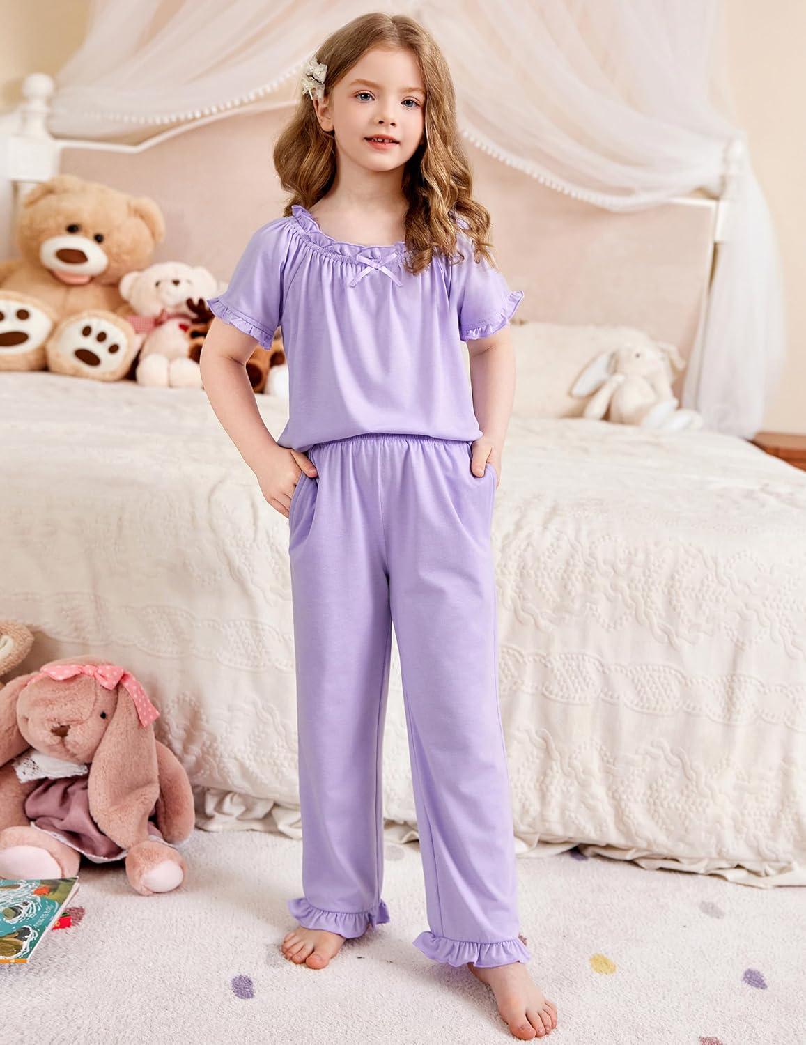 imageArshiner Girls Pajamas Soft 2 Piece Pjs Sets Ruffle Short Sleeve Long Pants SleepwearLight Purple