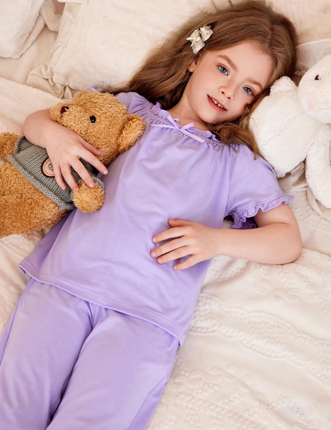 imageArshiner Girls Pajamas Soft 2 Piece Pjs Sets Ruffle Short Sleeve Long Pants SleepwearLight Purple