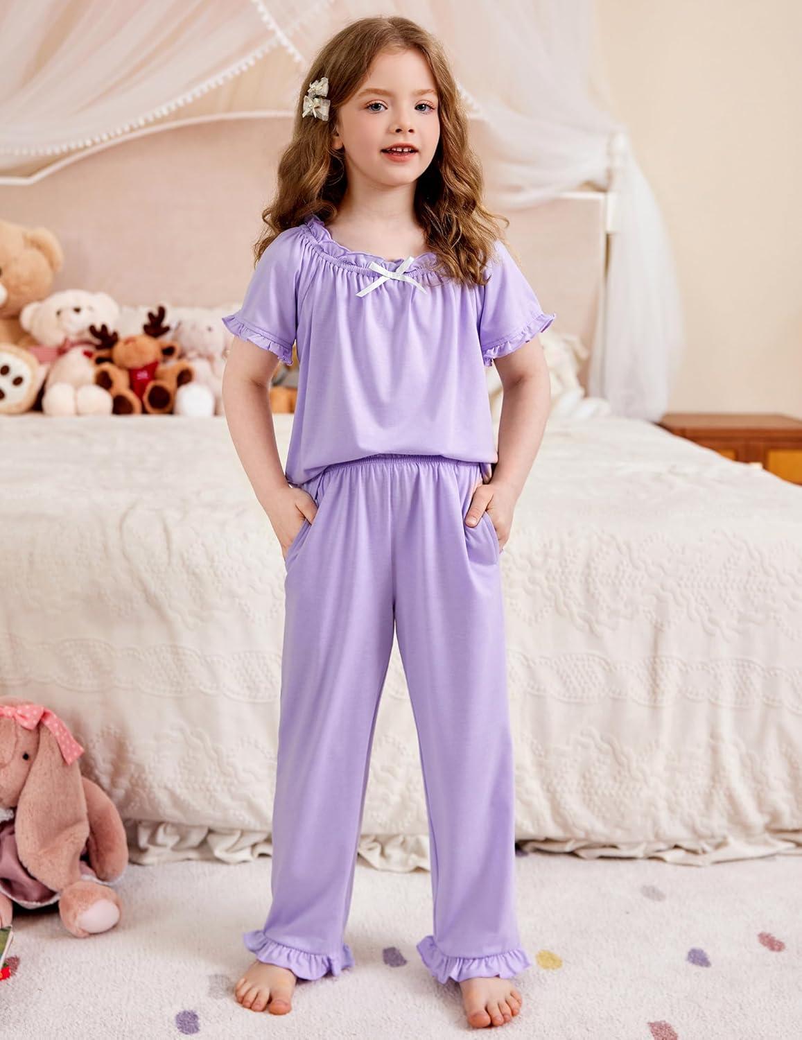 imageArshiner Girls Pajamas Soft 2 Piece Pjs Sets Ruffle Short Sleeve Long Pants SleepwearLight Purple