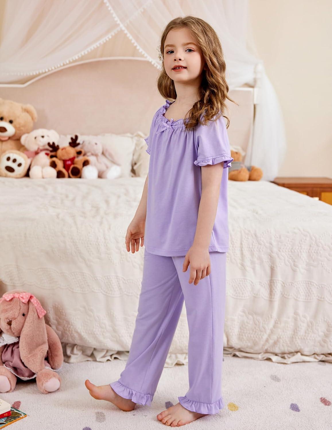 imageArshiner Girls Pajamas Soft 2 Piece Pjs Sets Ruffle Short Sleeve Long Pants SleepwearLight Purple