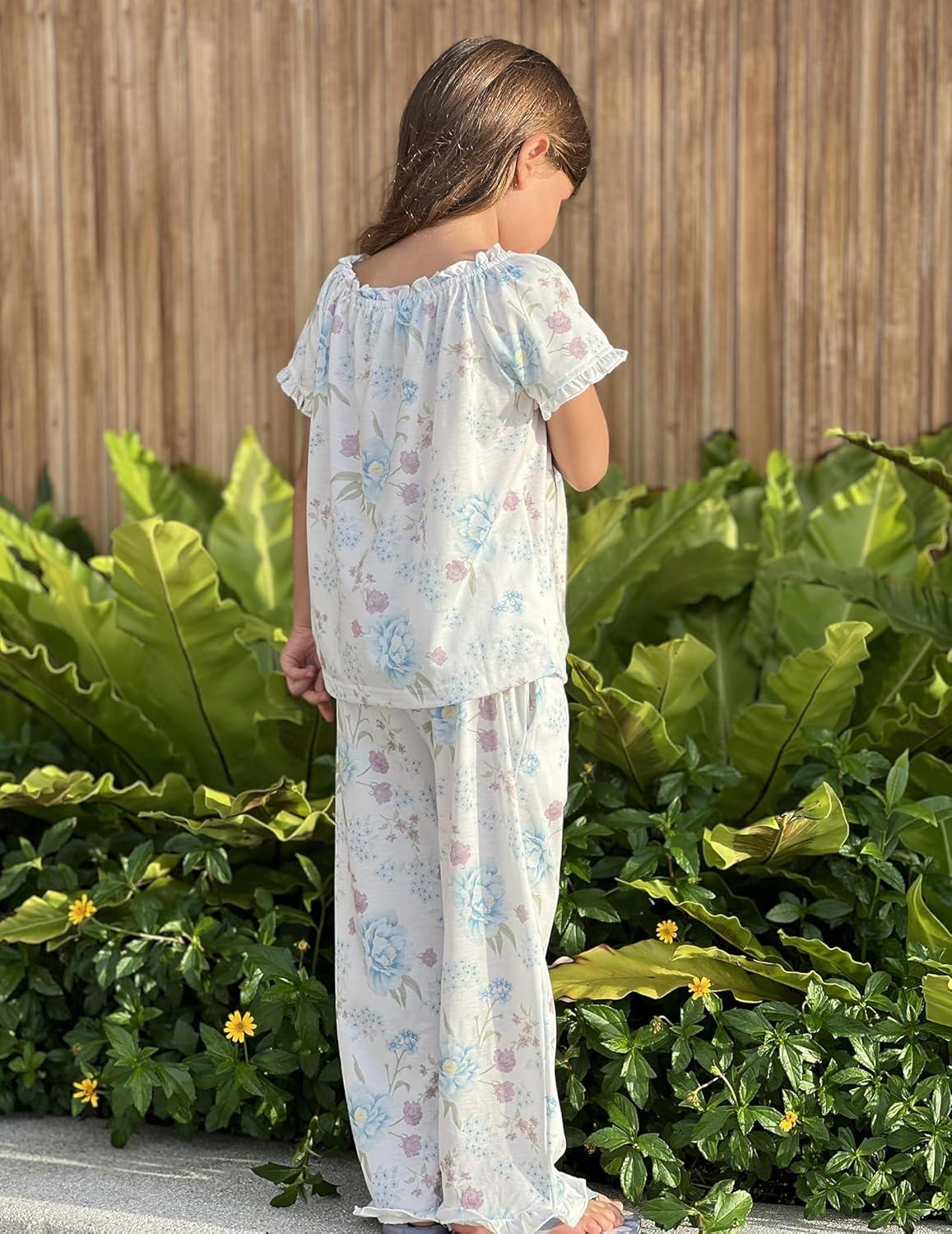imageArshiner Girls Pajamas Soft 2 Piece Pjs Sets Ruffle Short Sleeve Long Pants SleepwearWhite Blue Flower