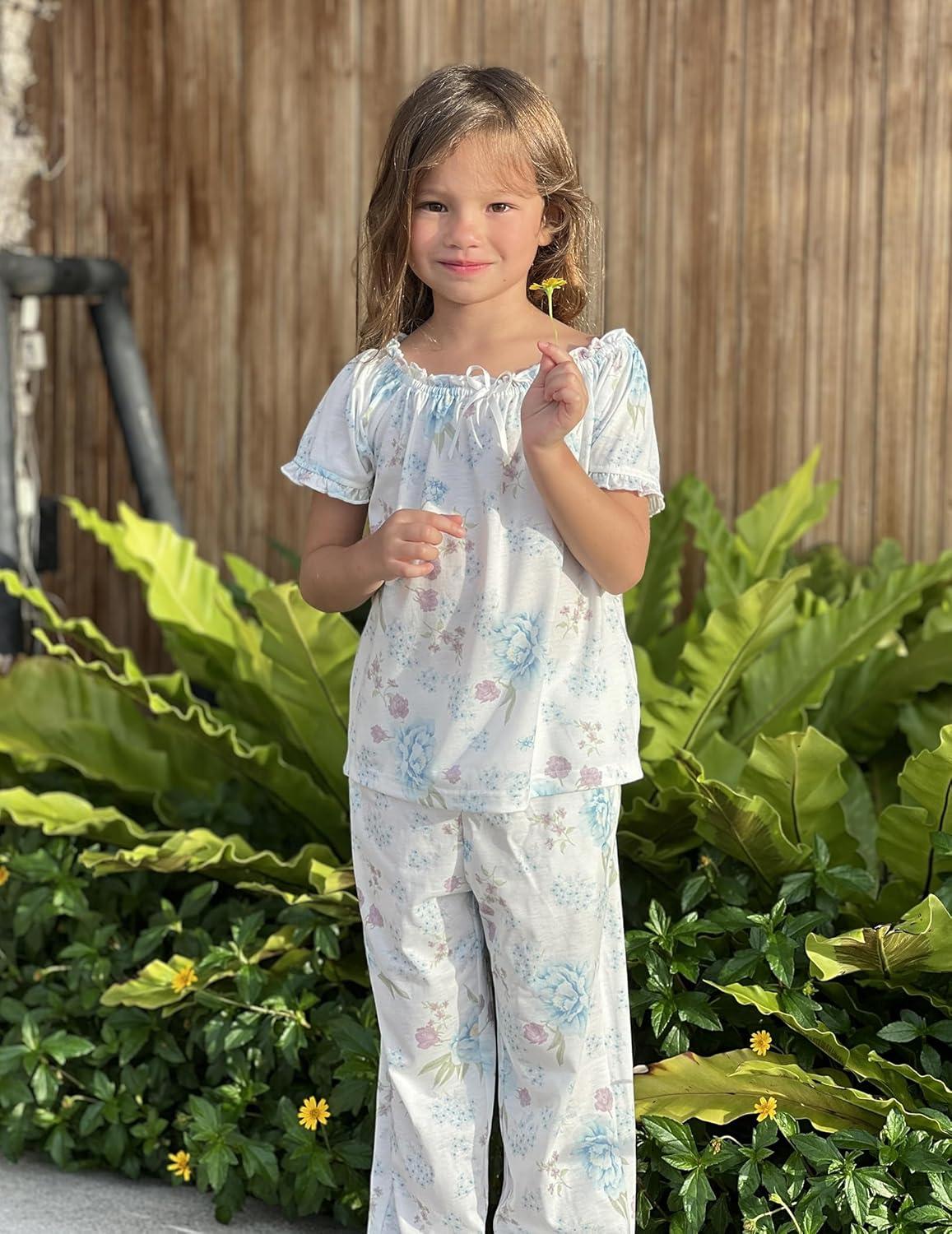 imageArshiner Girls Pajamas Soft 2 Piece Pjs Sets Ruffle Short Sleeve Long Pants SleepwearWhite Blue Flower