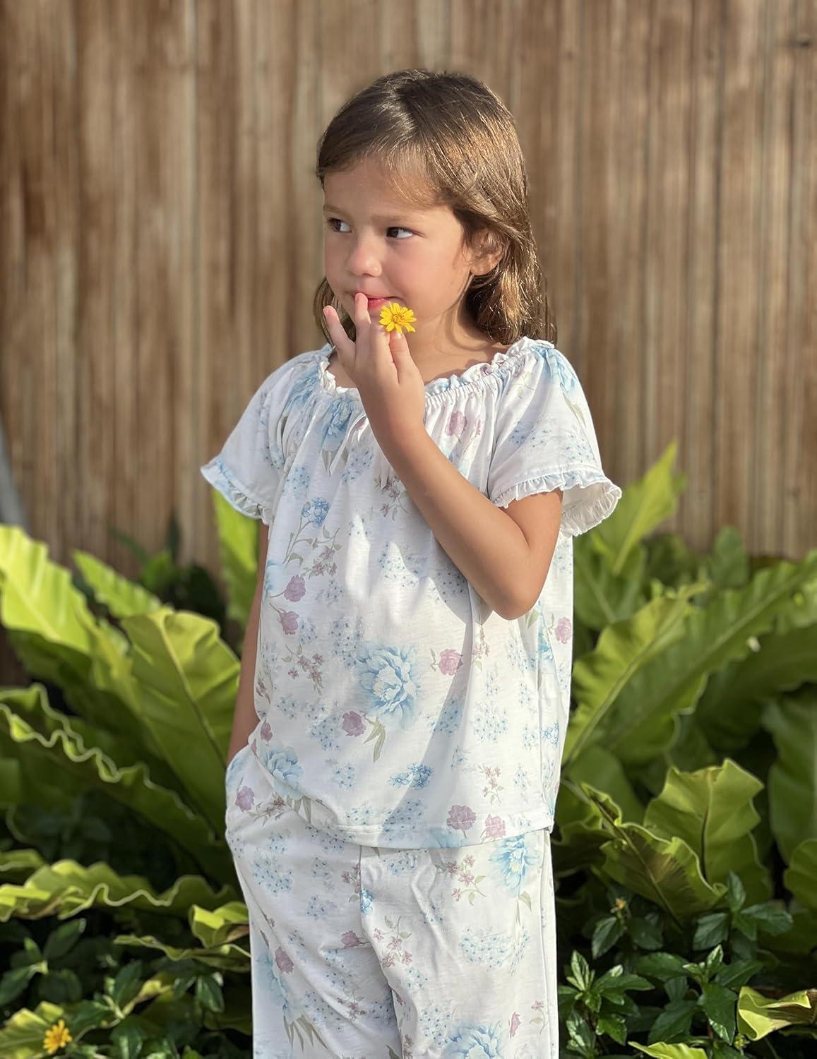 imageArshiner Girls Pajamas Soft 2 Piece Pjs Sets Ruffle Short Sleeve Long Pants SleepwearWhite Blue Flower