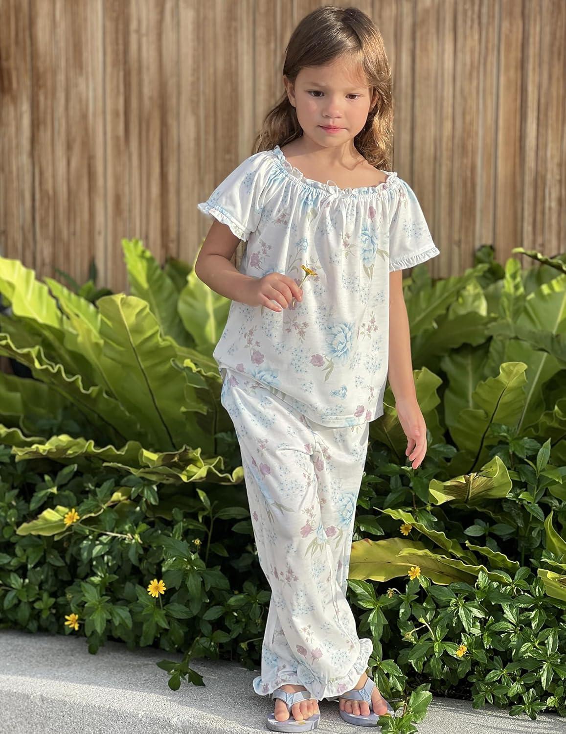 imageArshiner Girls Pajamas Soft 2 Piece Pjs Sets Ruffle Short Sleeve Long Pants SleepwearWhite Blue Flower