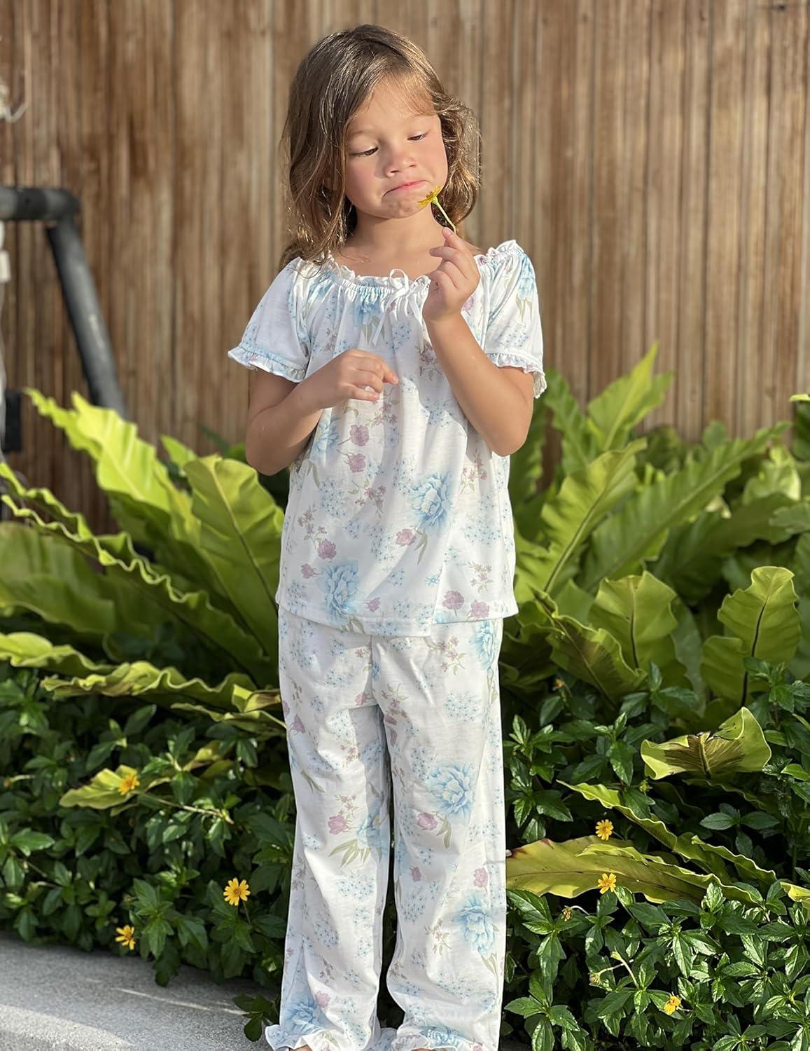 imageArshiner Girls Pajamas Soft 2 Piece Pjs Sets Ruffle Short Sleeve Long Pants SleepwearWhite Blue Flower