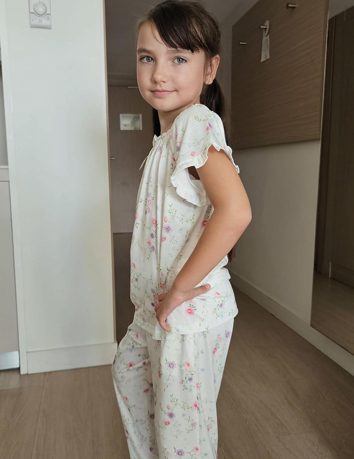 imageArshiner Girls Pajamas Soft 2 Piece Pjs Sets Ruffle Short Sleeve Long Pants SleepwearWhite Flowers