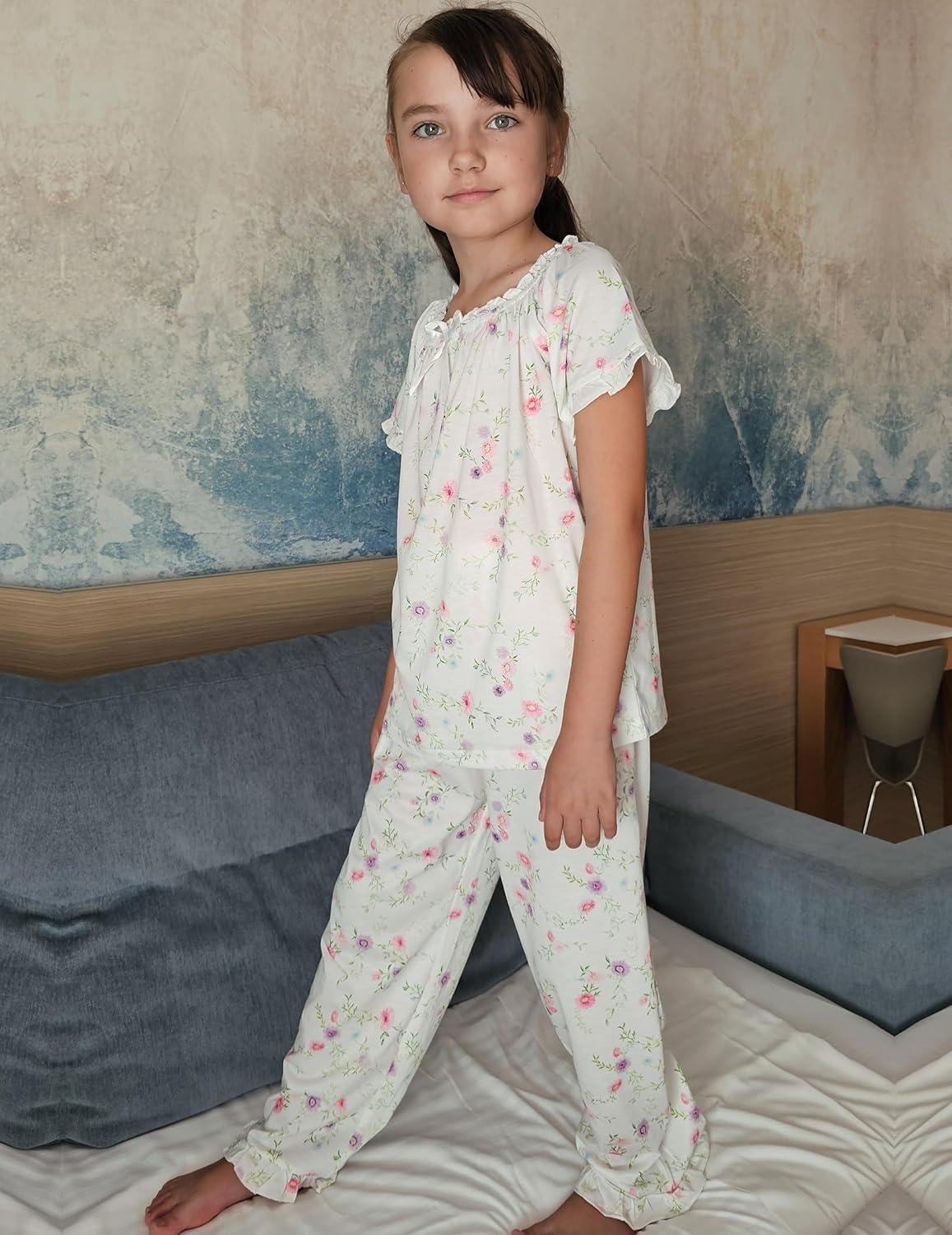 imageArshiner Girls Pajamas Soft 2 Piece Pjs Sets Ruffle Short Sleeve Long Pants SleepwearWhite Flowers