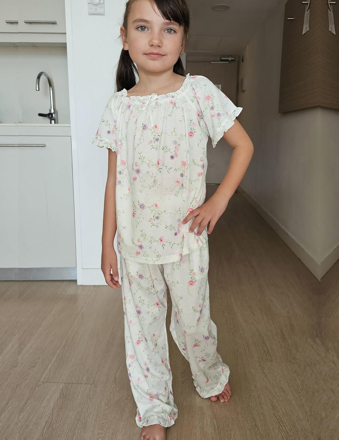 imageArshiner Girls Pajamas Soft 2 Piece Pjs Sets Ruffle Short Sleeve Long Pants SleepwearWhite Flowers