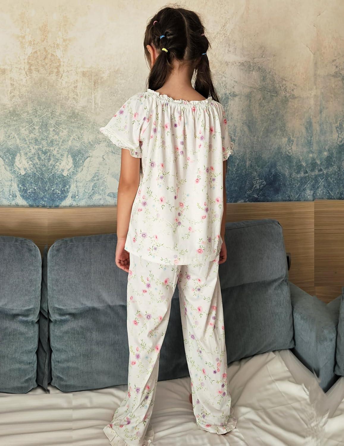 imageArshiner Girls Pajamas Soft 2 Piece Pjs Sets Ruffle Short Sleeve Long Pants SleepwearWhite Flowers