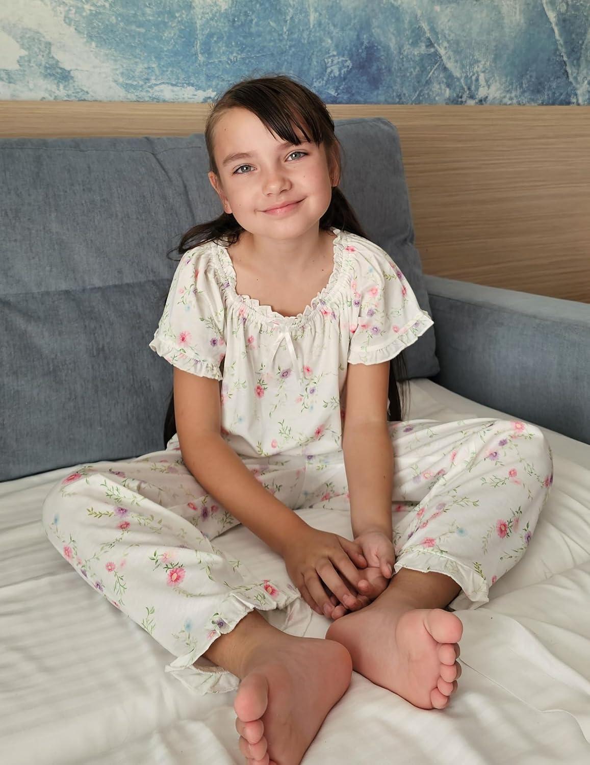 imageArshiner Girls Pajamas Soft 2 Piece Pjs Sets Ruffle Short Sleeve Long Pants SleepwearWhite Flowers