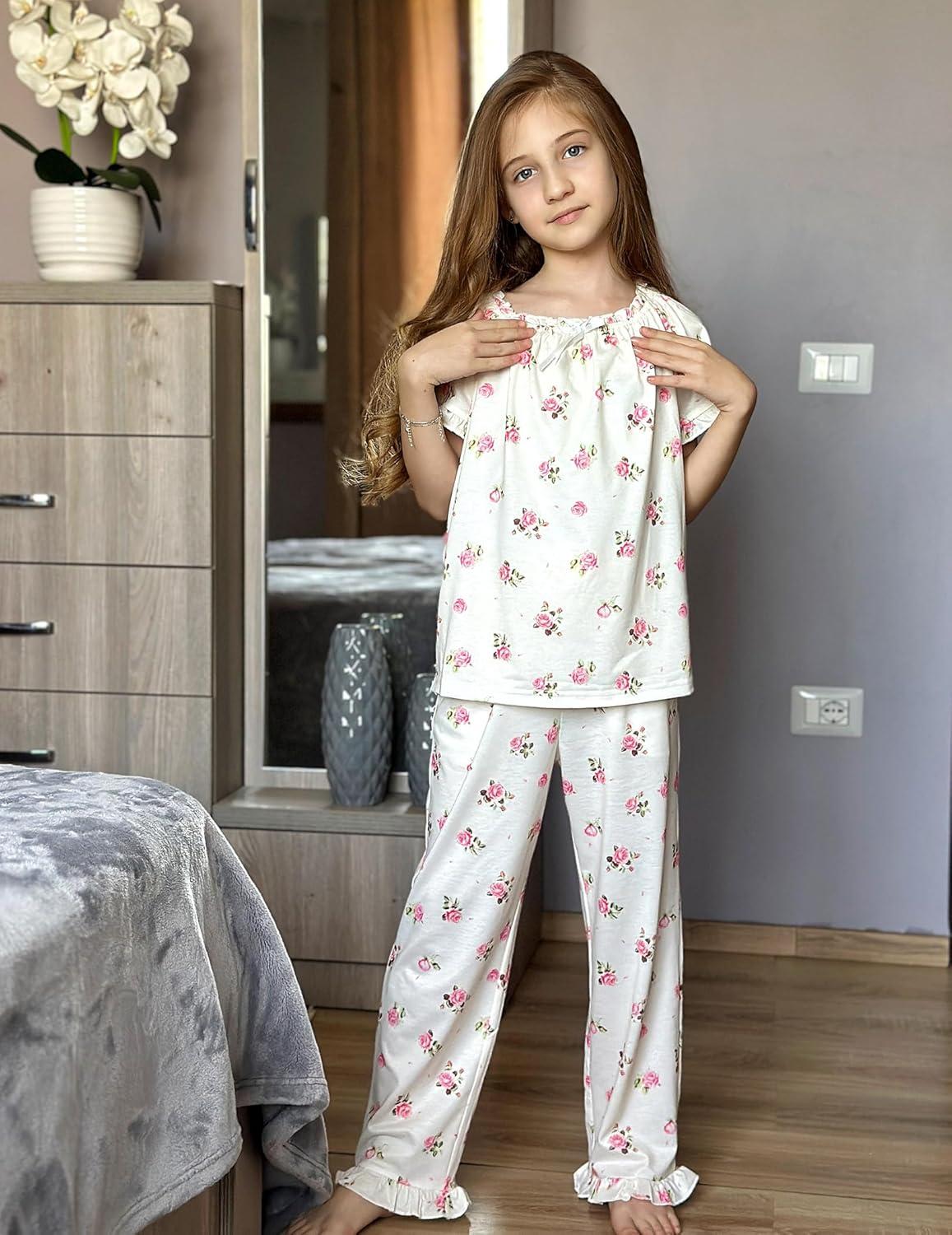 imageArshiner Girls Pajamas Soft 2 Piece Pjs Sets Ruffle Short Sleeve Long Pants SleepwearWhite Pink Flowers