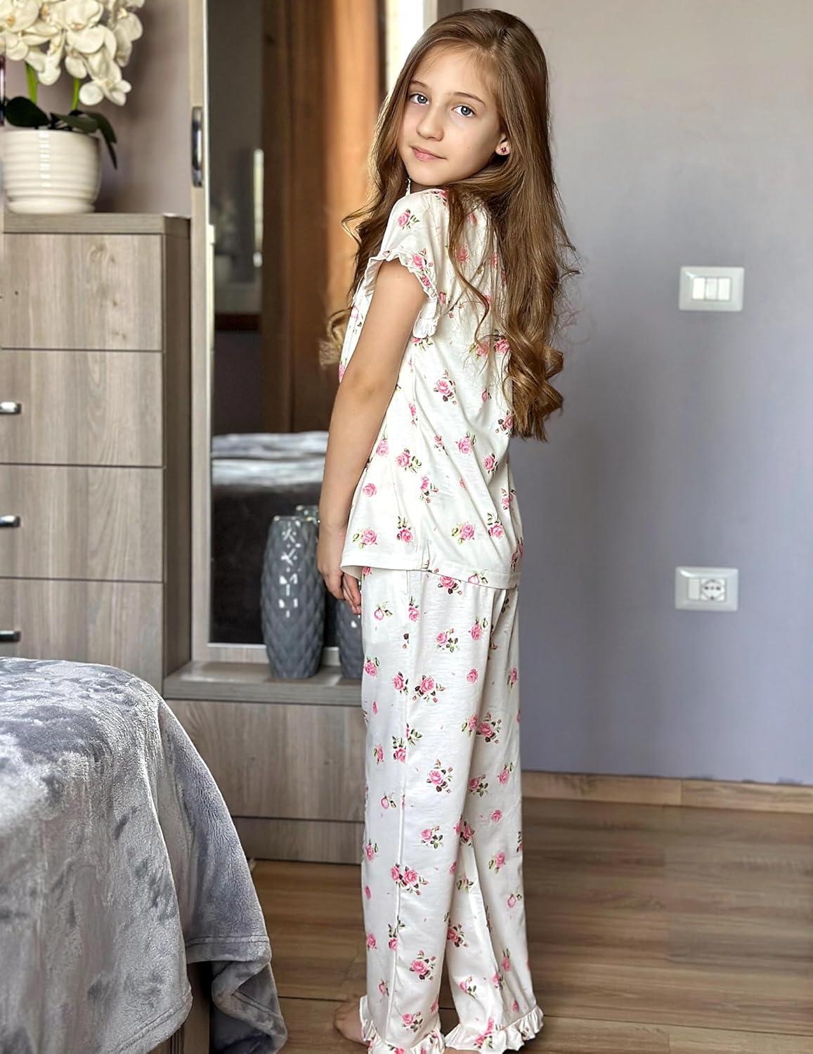 imageArshiner Girls Pajamas Soft 2 Piece Pjs Sets Ruffle Short Sleeve Long Pants SleepwearWhite Pink Flowers