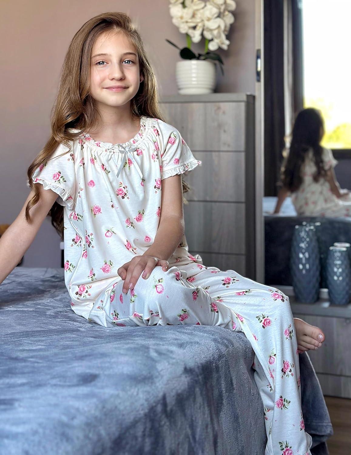 imageArshiner Girls Pajamas Soft 2 Piece Pjs Sets Ruffle Short Sleeve Long Pants SleepwearWhite Pink Flowers