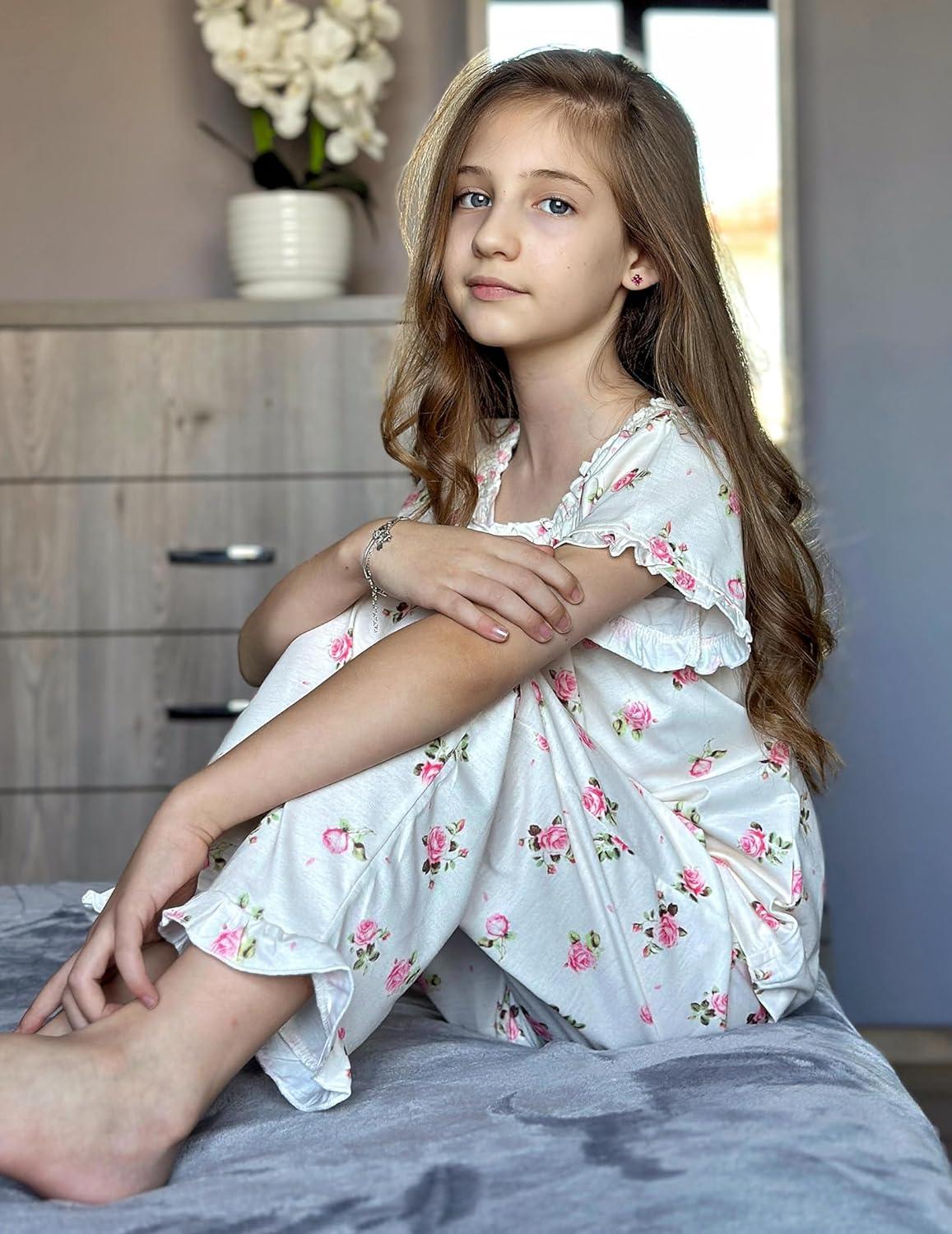 imageArshiner Girls Pajamas Soft 2 Piece Pjs Sets Ruffle Short Sleeve Long Pants SleepwearWhite Pink Flowers