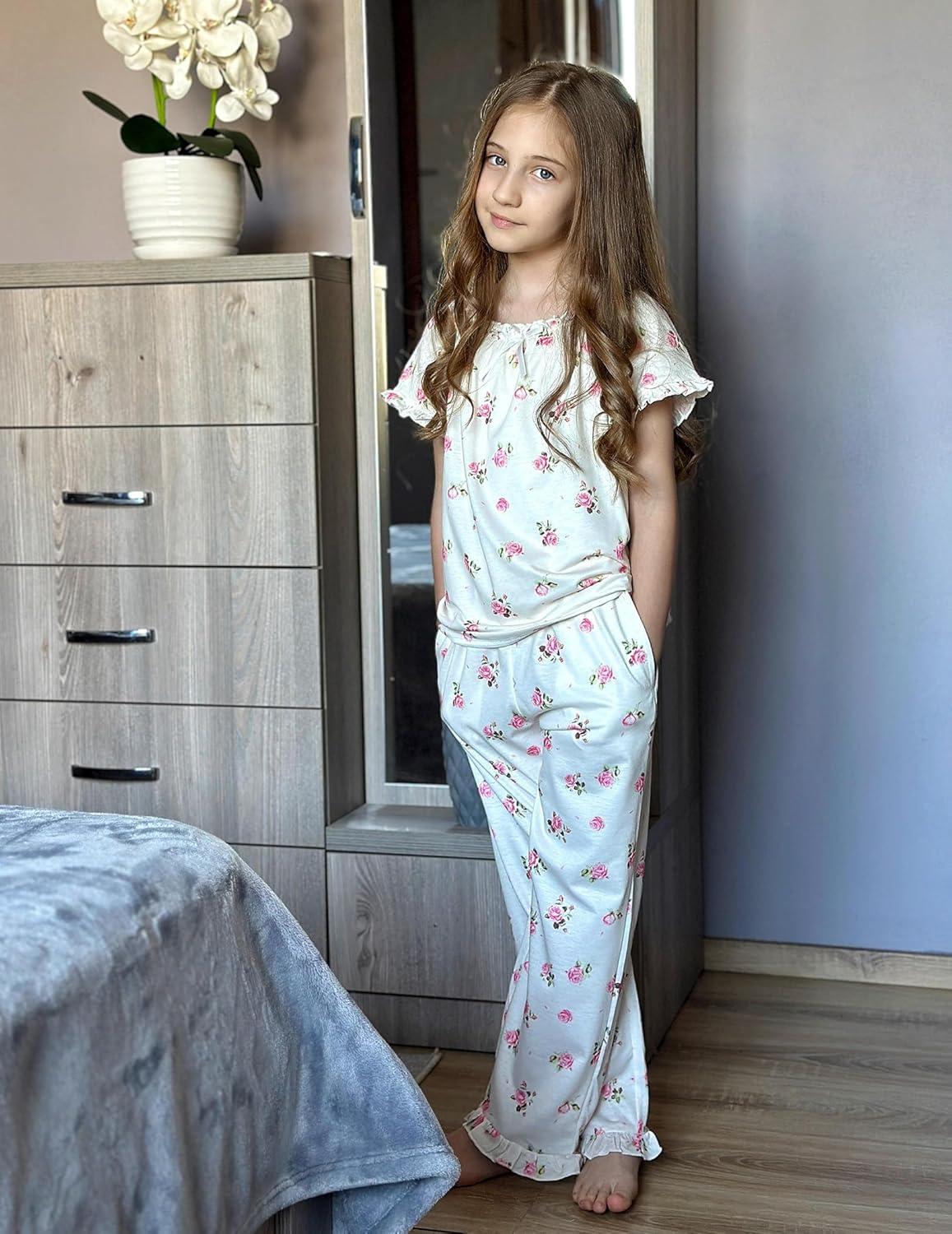 imageArshiner Girls Pajamas Soft 2 Piece Pjs Sets Ruffle Short Sleeve Long Pants SleepwearWhite Pink Flowers