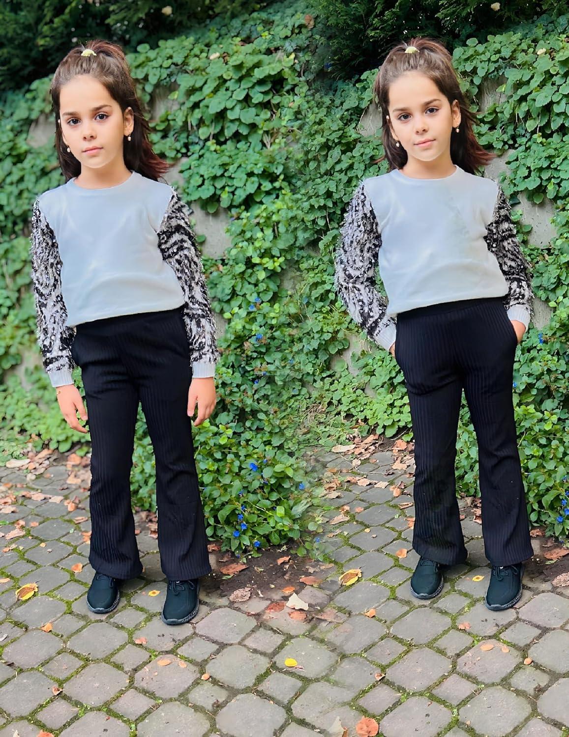 imageArshiner Girls Print Flare Leggings Kids Elastic High Waisted Bell Bottoms Yoga Pants with PocketsBlack