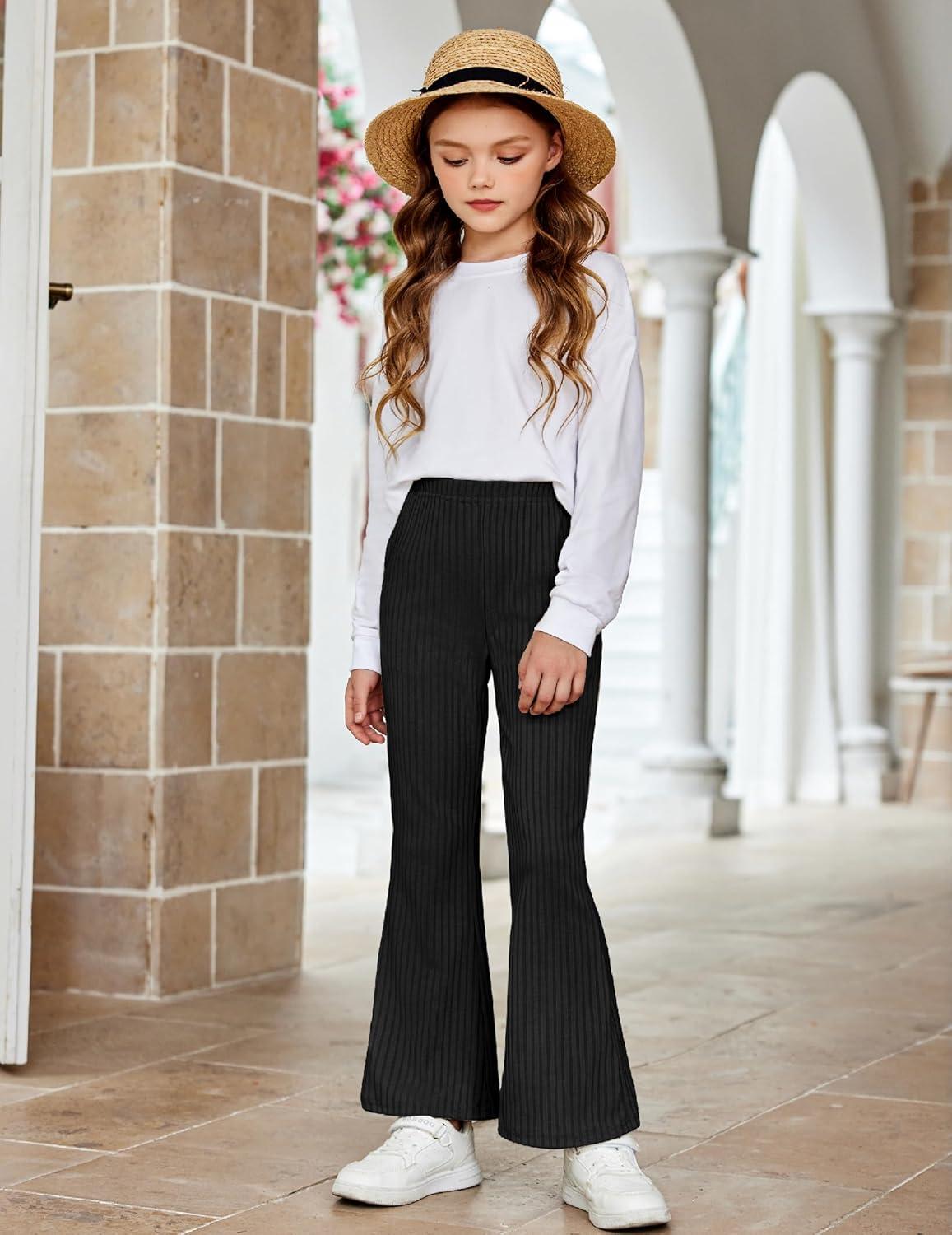 imageArshiner Girls Print Flare Leggings Kids Elastic High Waisted Bell Bottoms Yoga Pants with PocketsBlack