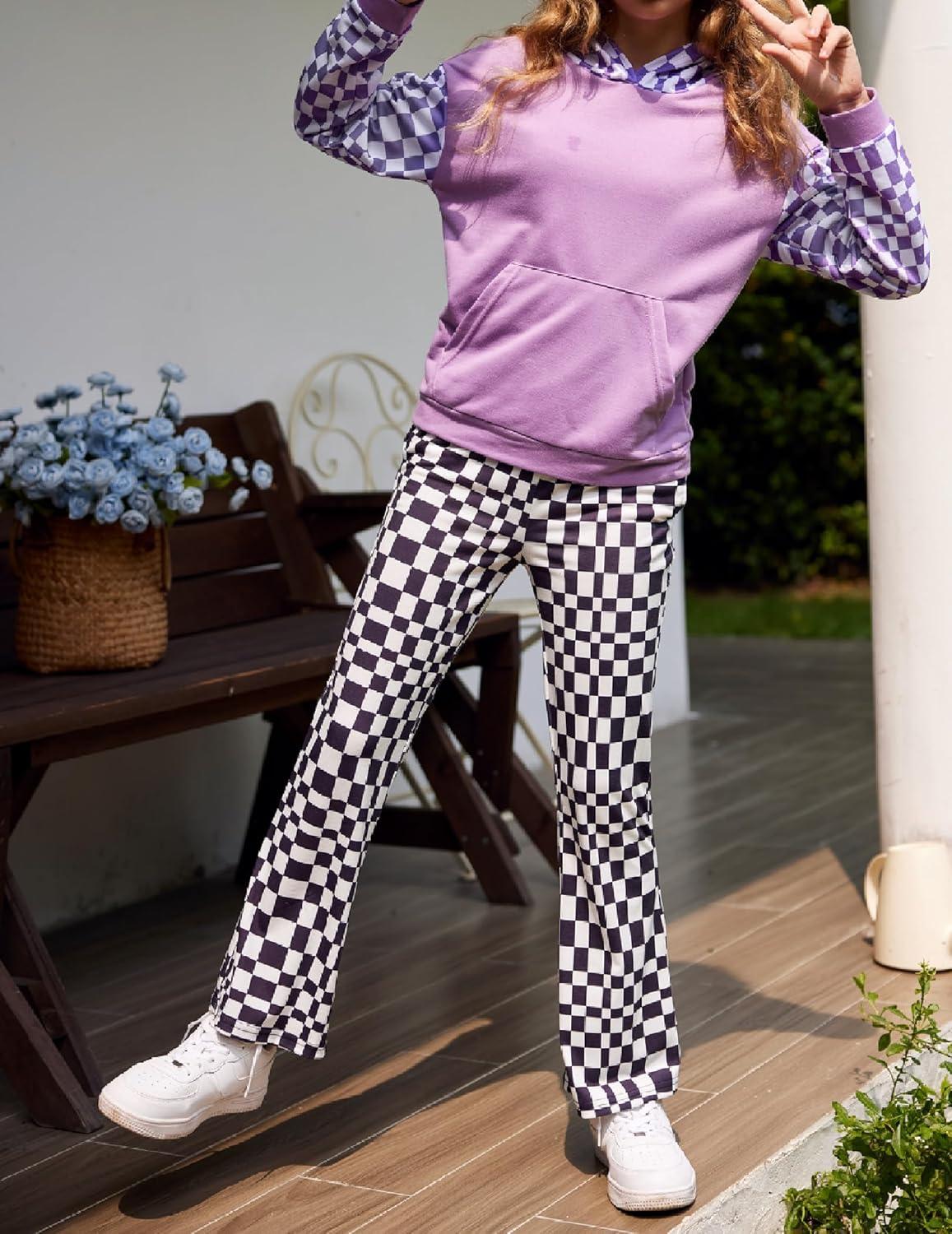 imageArshiner Girls Print Flare Leggings Kids Elastic High Waisted Bell Bottoms Yoga Pants with PocketsBlack Checkered