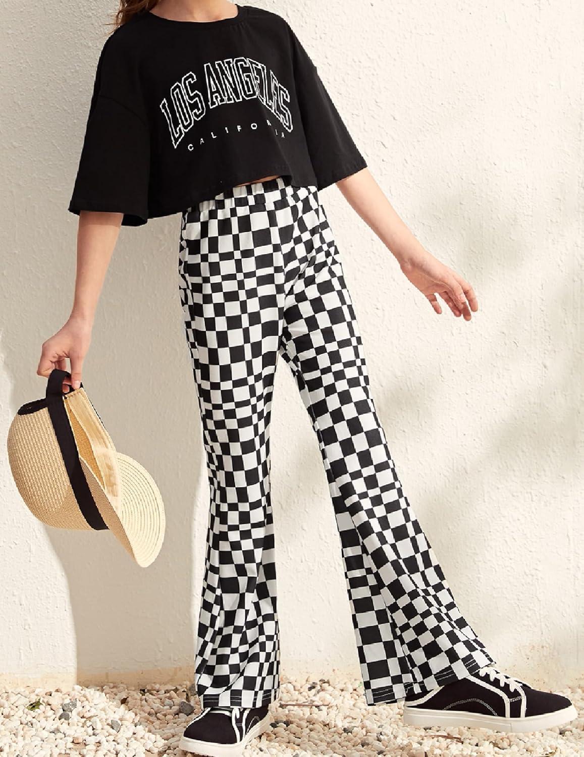 imageArshiner Girls Print Flare Leggings Kids Elastic High Waisted Bell Bottoms Yoga Pants with PocketsBlack Checkered