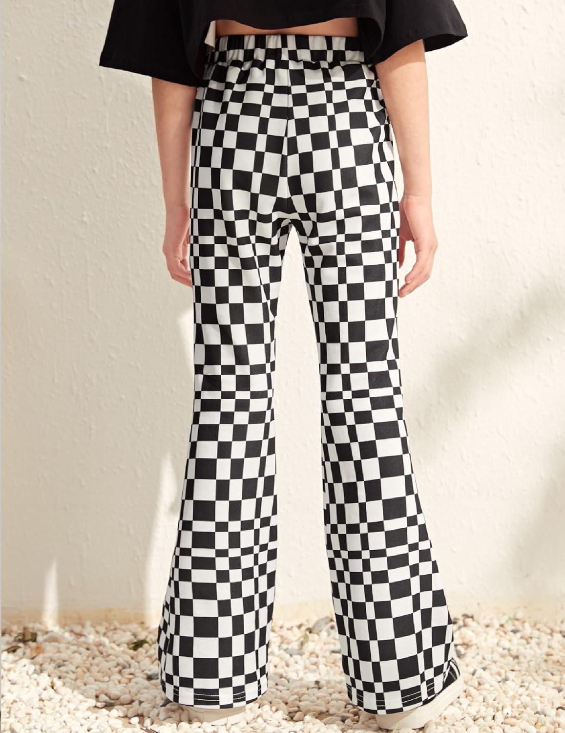 imageArshiner Girls Print Flare Leggings Kids Elastic High Waisted Bell Bottoms Yoga Pants with PocketsBlack Checkered