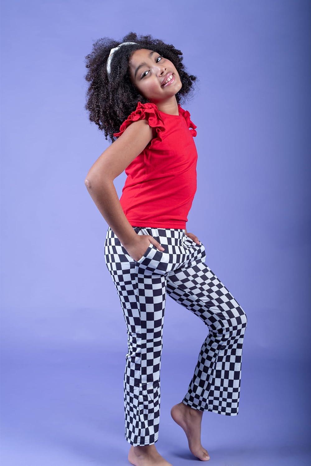 imageArshiner Girls Print Flare Leggings Kids Elastic High Waisted Bell Bottoms Yoga Pants with PocketsBlack Checkered