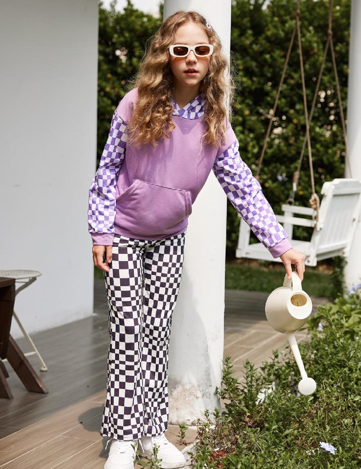 imageArshiner Girls Print Flare Leggings Kids Elastic High Waisted Bell Bottoms Yoga Pants with PocketsBlack Checkered