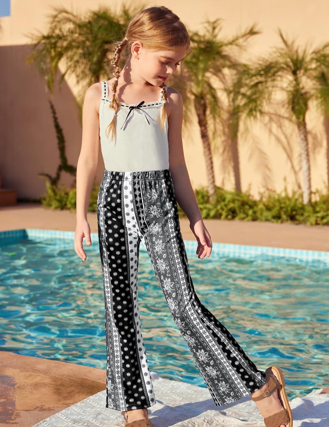imageArshiner Girls Print Flare Leggings Kids Elastic High Waisted Bell Bottoms Yoga Pants with PocketsBlack White Floral