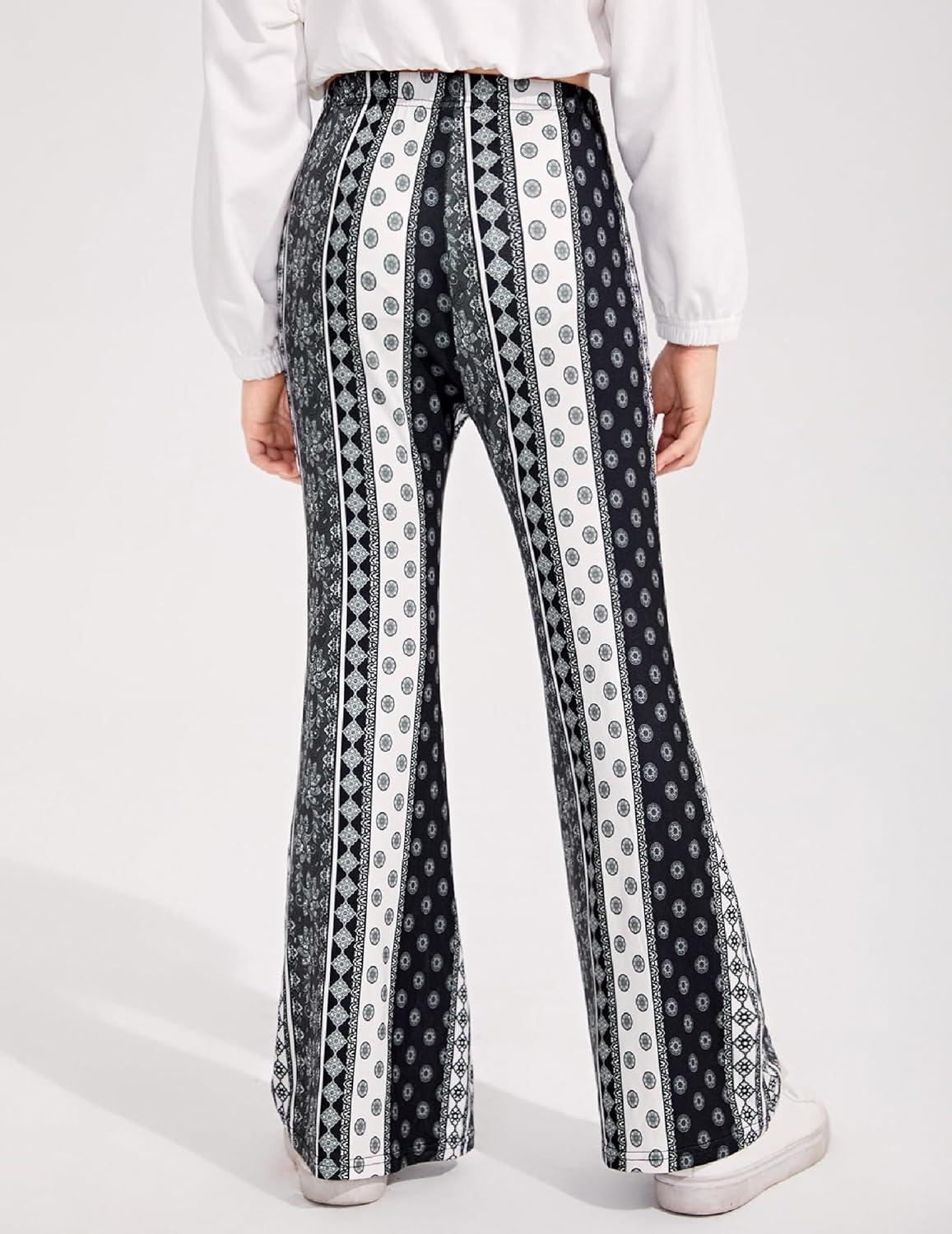 imageArshiner Girls Print Flare Leggings Kids Elastic High Waisted Bell Bottoms Yoga Pants with PocketsBlack White Floral
