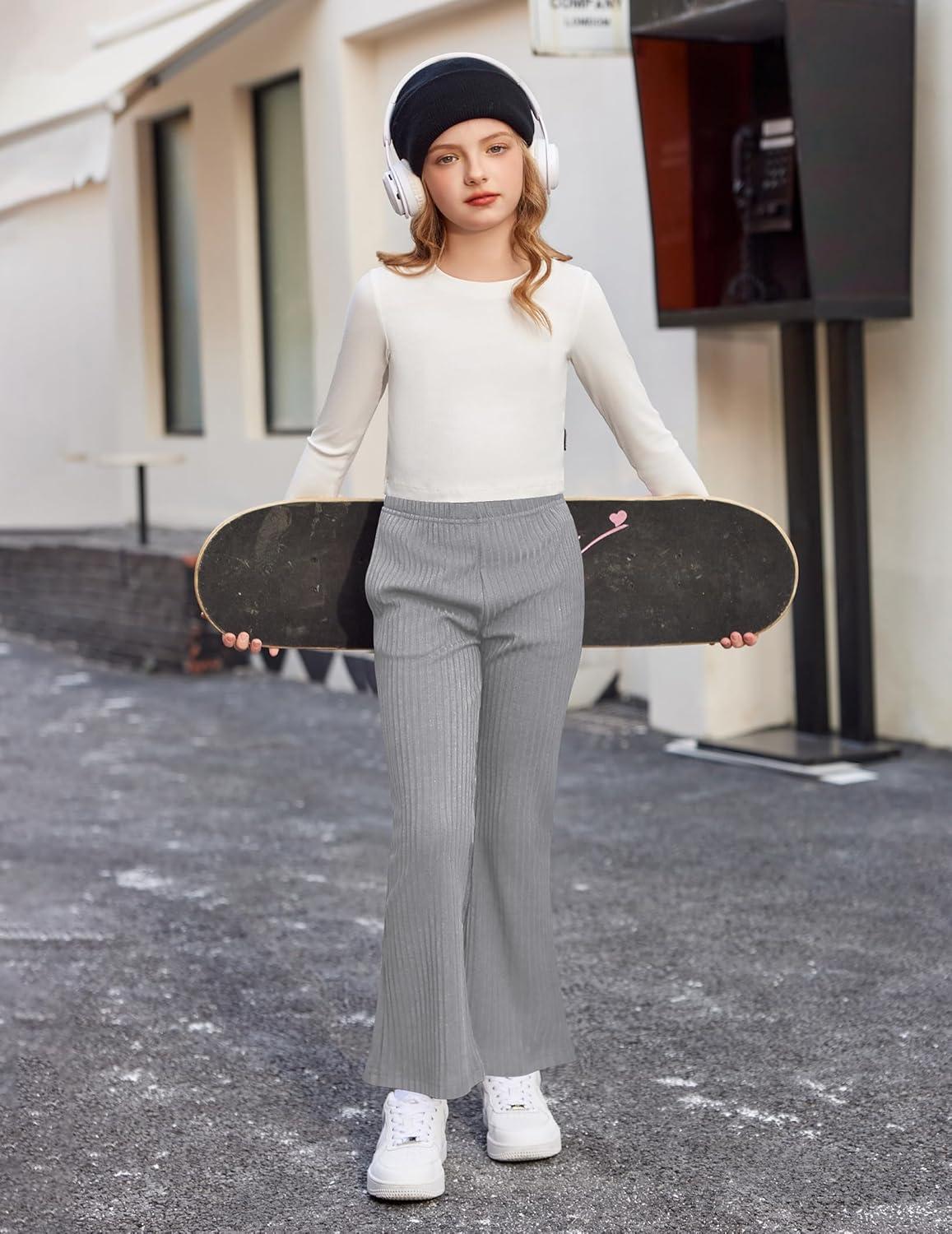 imageArshiner Girls Print Flare Leggings Kids Elastic High Waisted Bell Bottoms Yoga Pants with PocketsGrey
