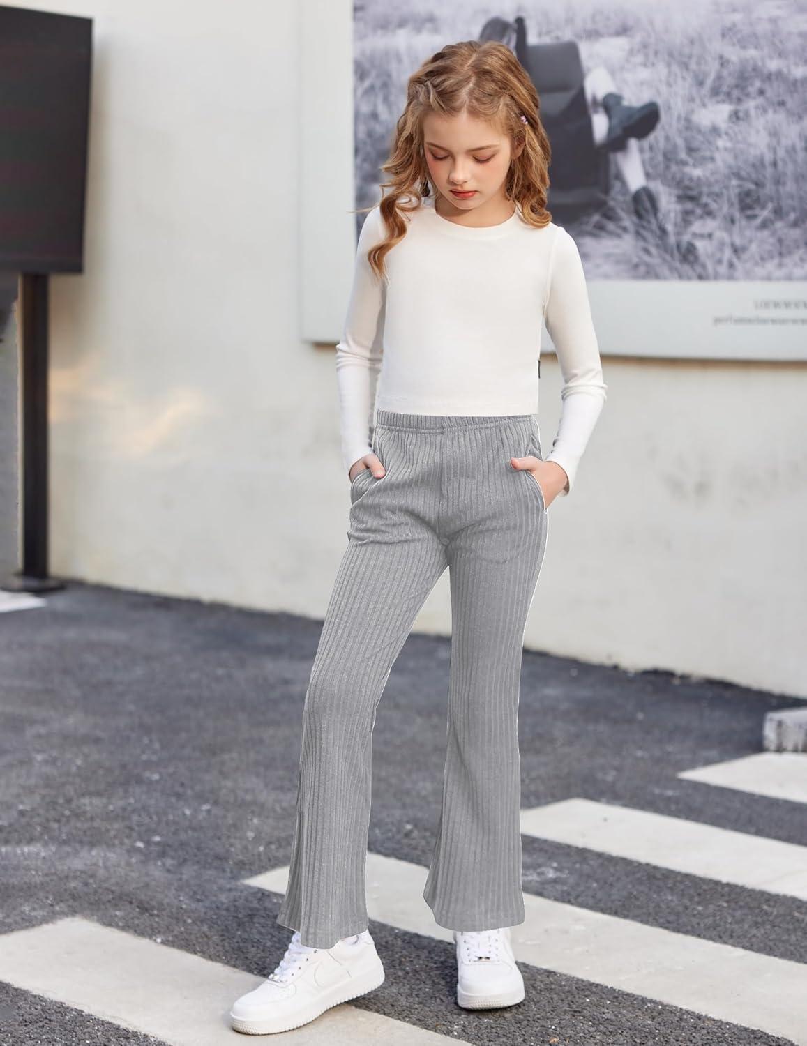 imageArshiner Girls Print Flare Leggings Kids Elastic High Waisted Bell Bottoms Yoga Pants with PocketsGrey
