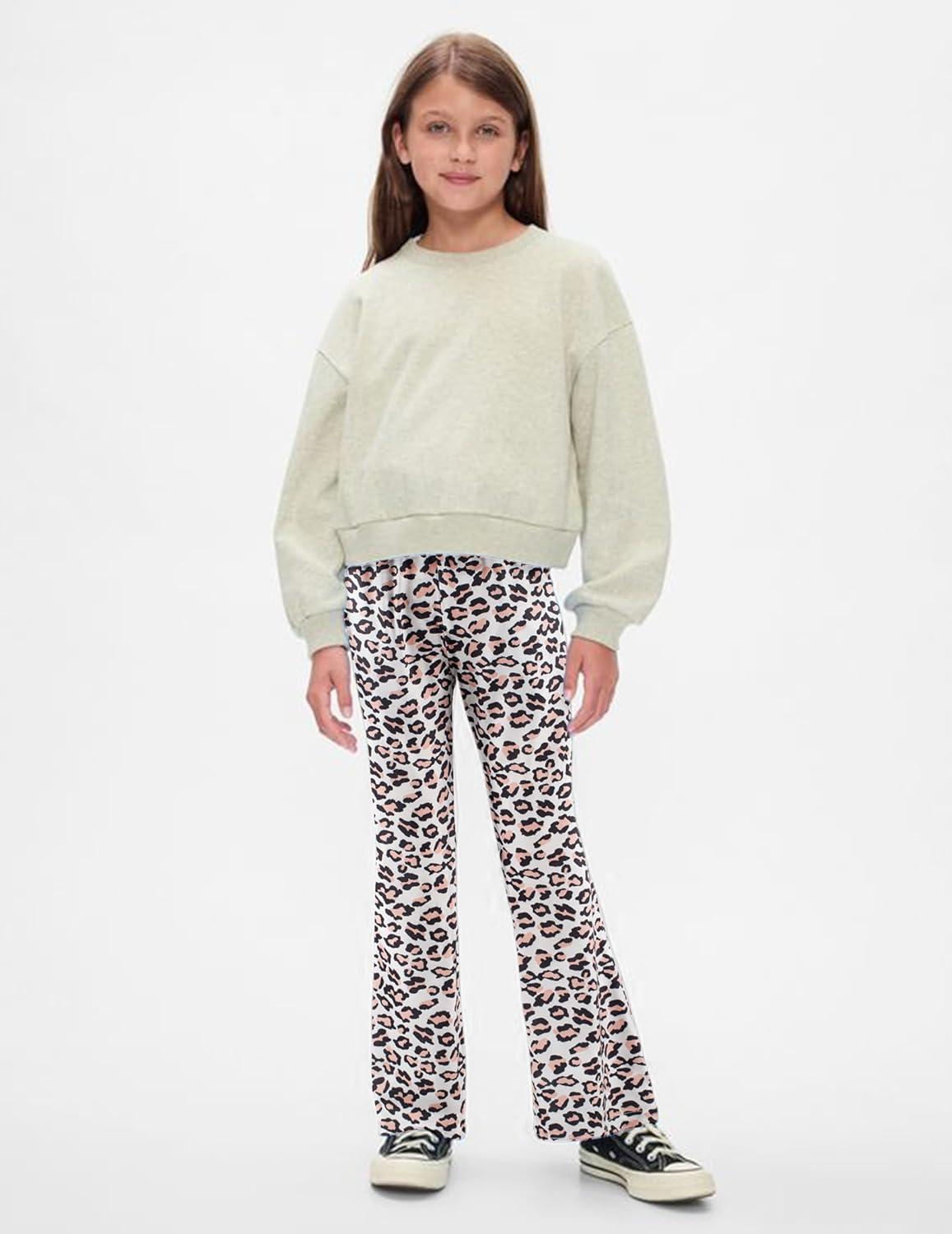 imageArshiner Girls Print Flare Leggings Kids Elastic High Waisted Bell Bottoms Yoga Pants with PocketsLeopard Print