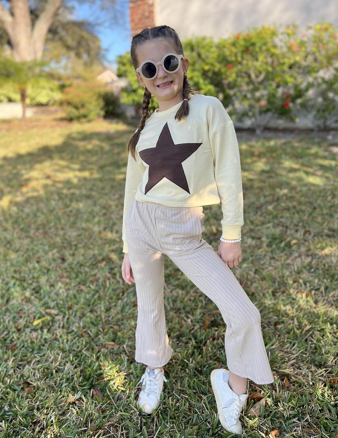 imageArshiner Girls Print Flare Leggings Kids Elastic High Waisted Bell Bottoms Yoga Pants with PocketsMoon Gray