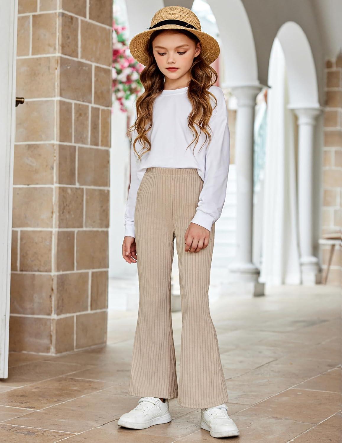 imageArshiner Girls Print Flare Leggings Kids Elastic High Waisted Bell Bottoms Yoga Pants with PocketsMoon Gray