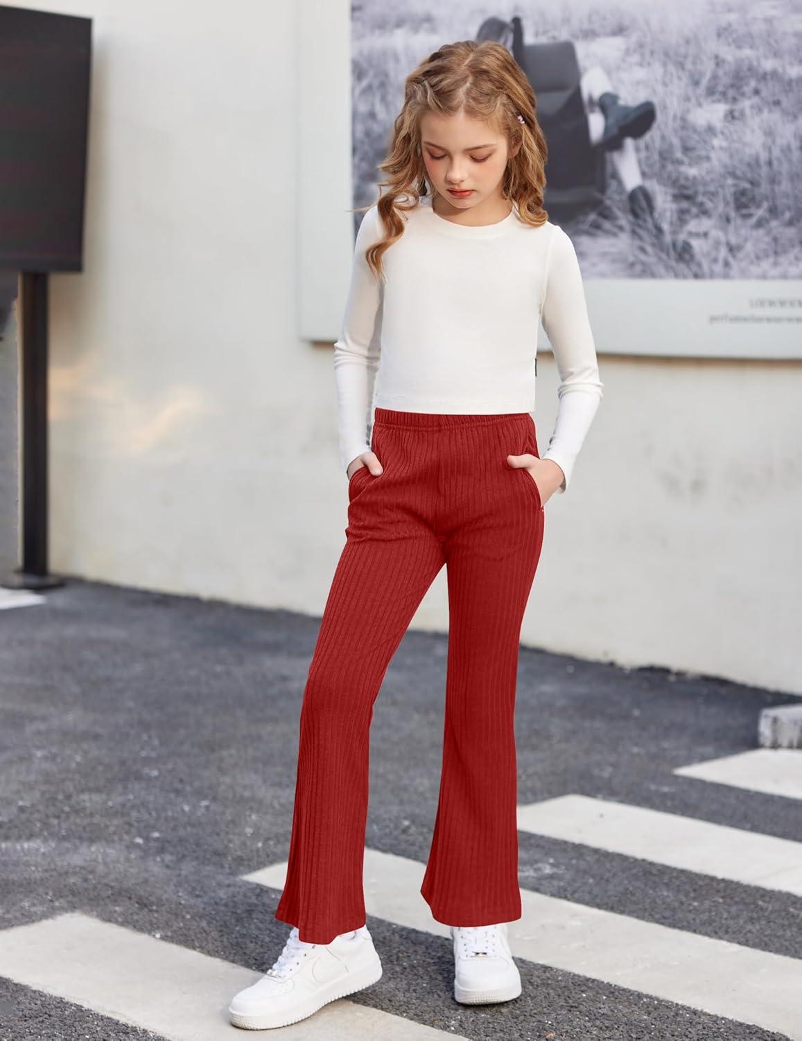 imageArshiner Girls Print Flare Leggings Kids Elastic High Waisted Bell Bottoms Yoga Pants with PocketsRed