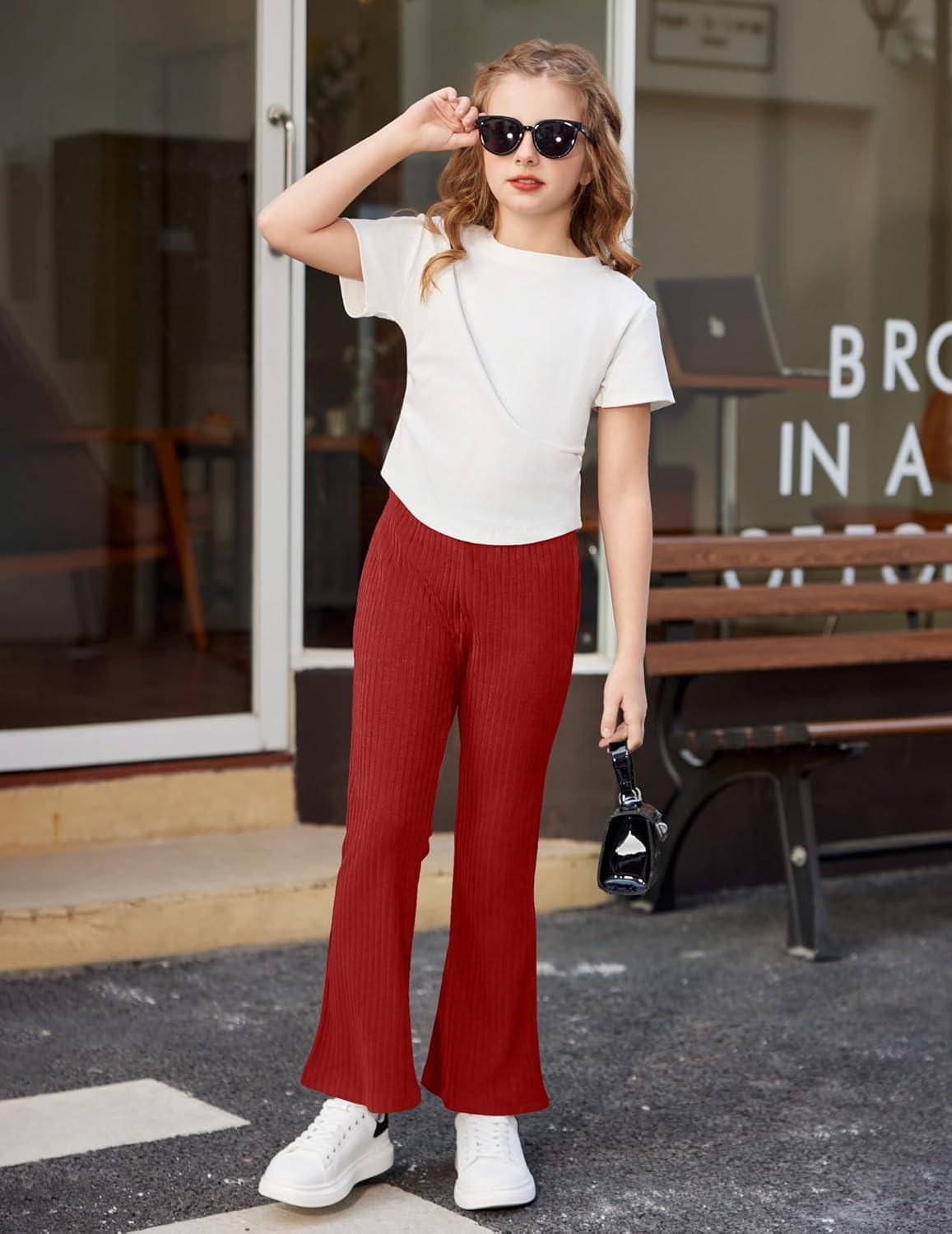 imageArshiner Girls Print Flare Leggings Kids Elastic High Waisted Bell Bottoms Yoga Pants with PocketsRed