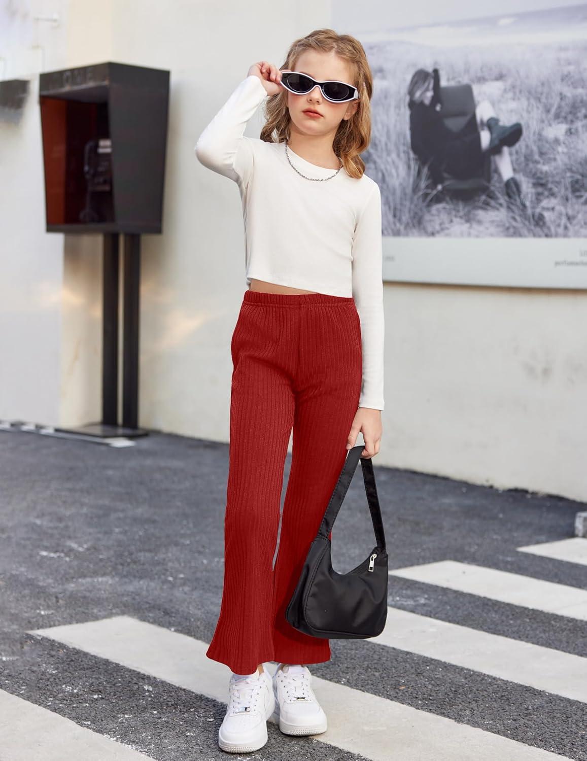 imageArshiner Girls Print Flare Leggings Kids Elastic High Waisted Bell Bottoms Yoga Pants with PocketsRed