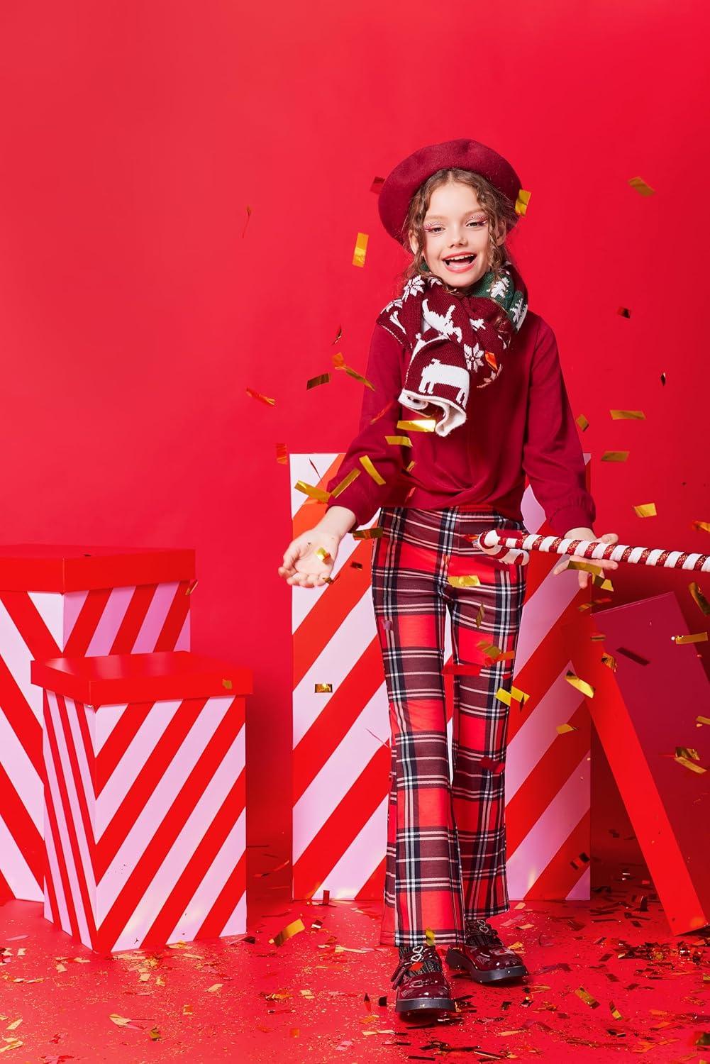 imageArshiner Girls Print Flare Leggings Kids Elastic High Waisted Bell Bottoms Yoga Pants with PocketsRed Black Plaid