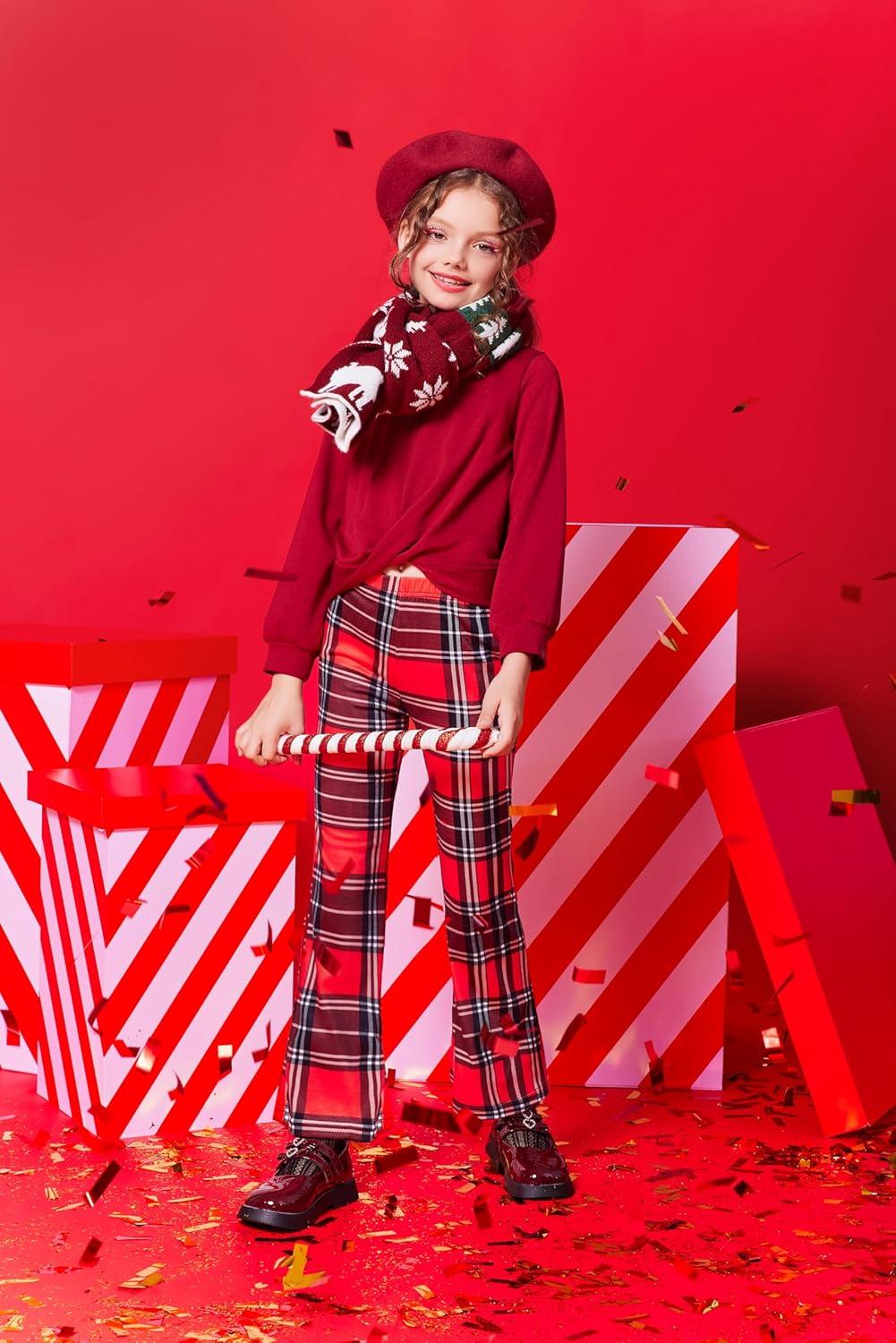 imageArshiner Girls Print Flare Leggings Kids Elastic High Waisted Bell Bottoms Yoga Pants with PocketsRed Black Plaid