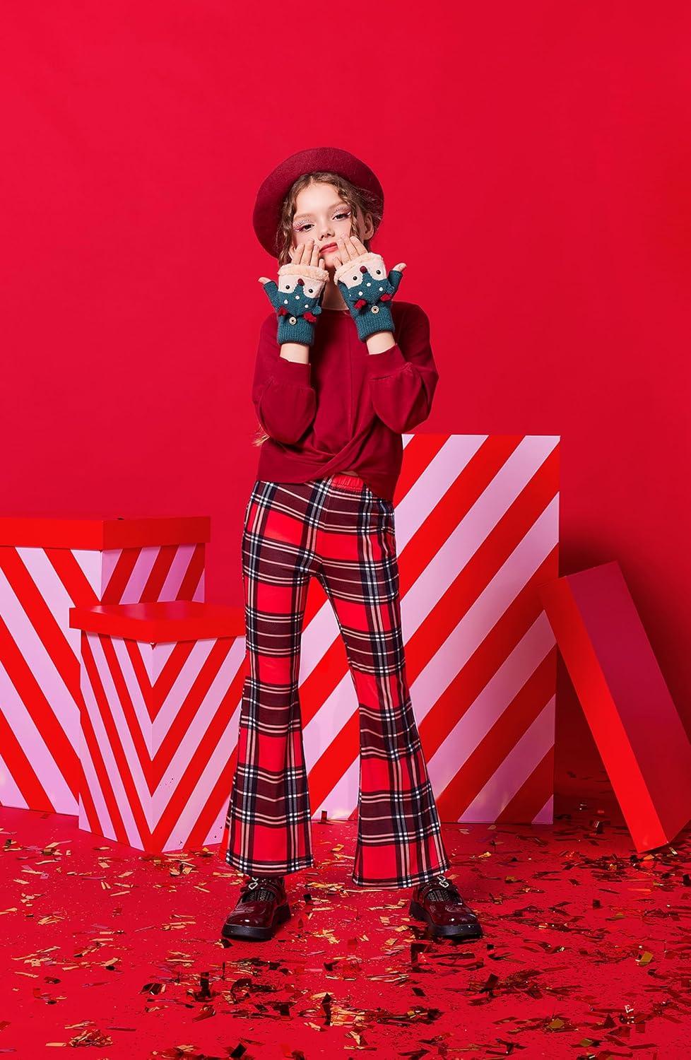 imageArshiner Girls Print Flare Leggings Kids Elastic High Waisted Bell Bottoms Yoga Pants with PocketsRed Black Plaid