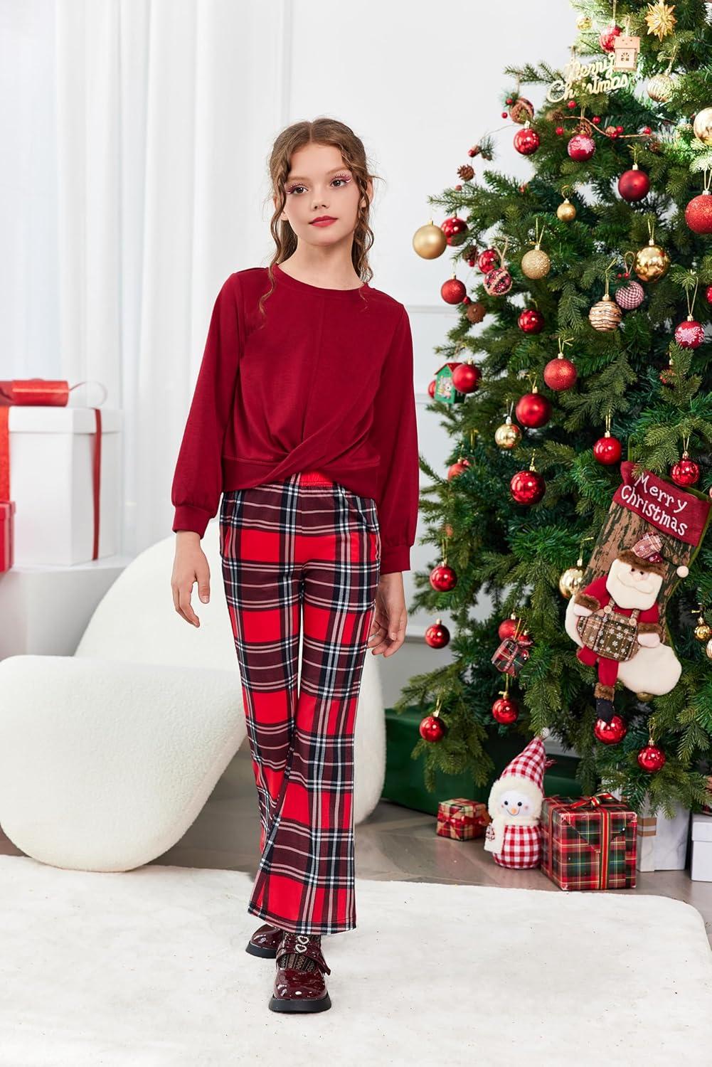 imageArshiner Girls Print Flare Leggings Kids Elastic High Waisted Bell Bottoms Yoga Pants with PocketsRed Black Plaid