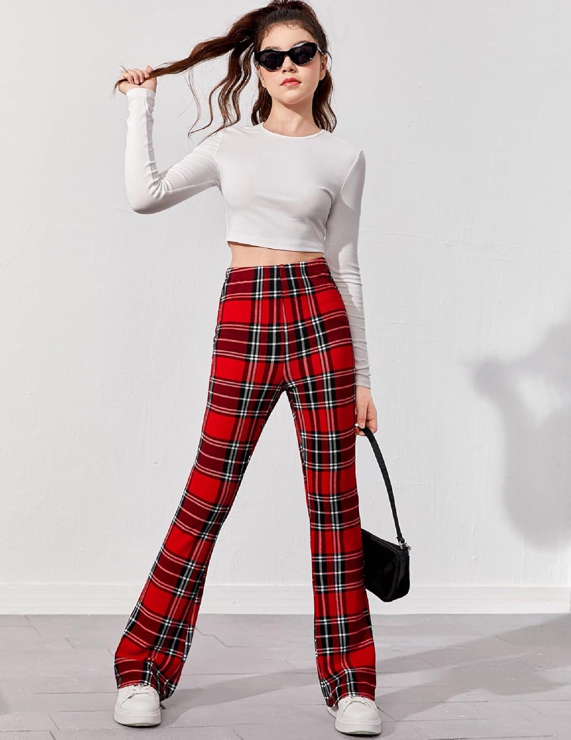 imageArshiner Girls Print Flare Leggings Kids Elastic High Waisted Bell Bottoms Yoga Pants with PocketsRed Black Plaid
