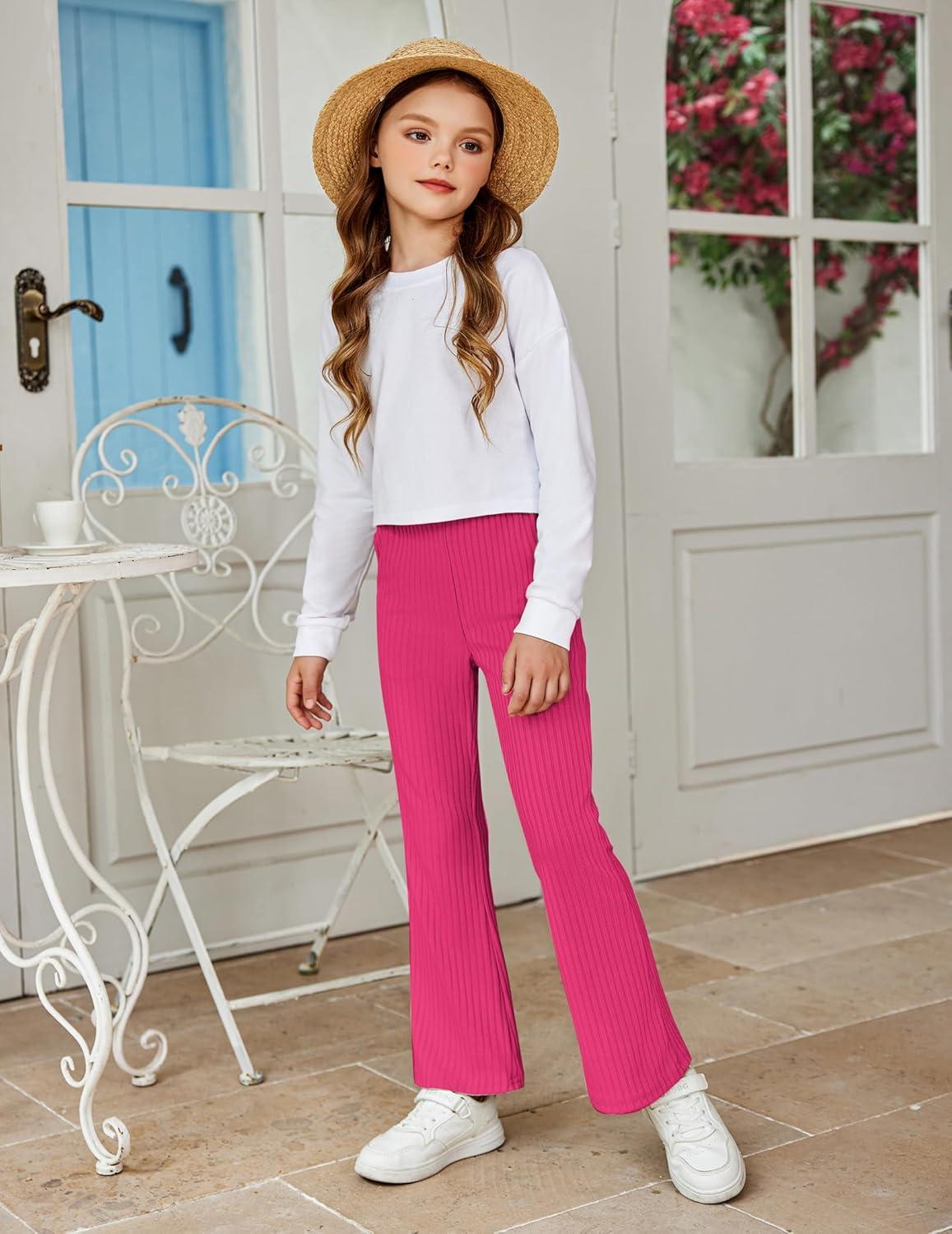 imageArshiner Girls Print Flare Leggings Kids Elastic High Waisted Bell Bottoms Yoga Pants with PocketsRose Red